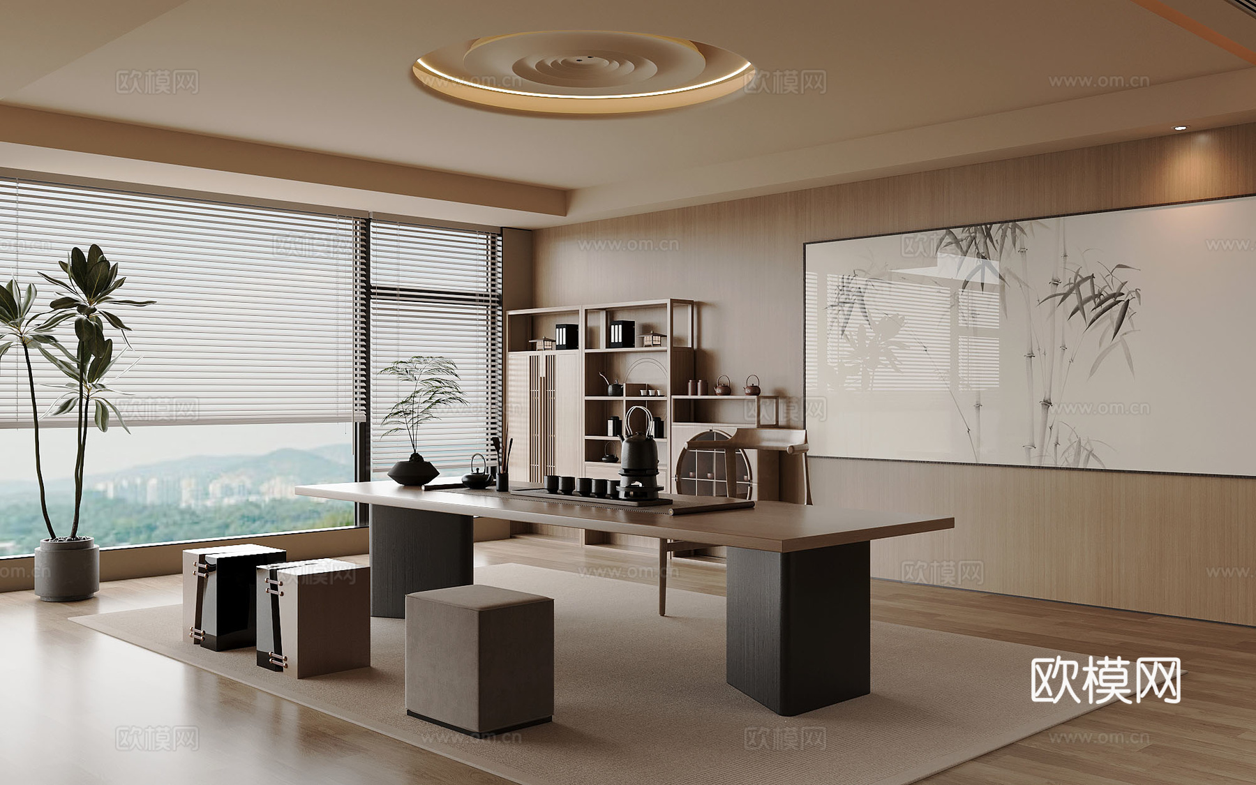 茶室 新中式茶柜 茶桌 装饰su模型