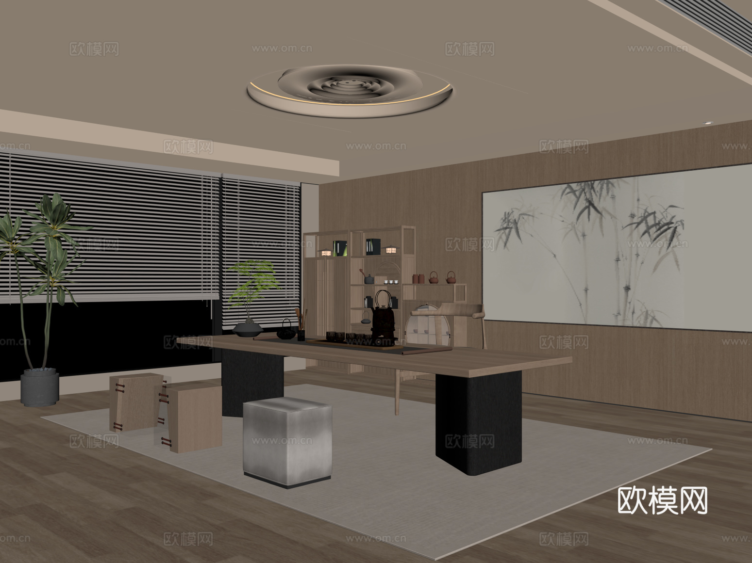 茶室 新中式茶柜 茶桌 装饰su模型