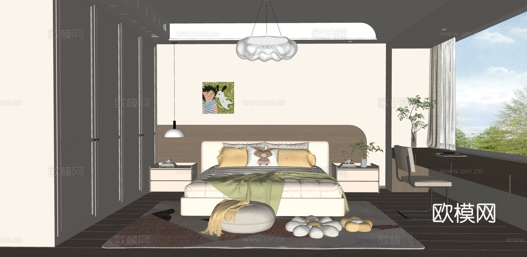 现代奶油通用儿童房su模型