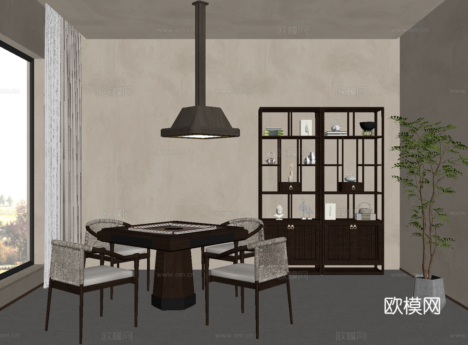 棋牌室 侘寂风棋牌室 麻将室 麻将桌su模型