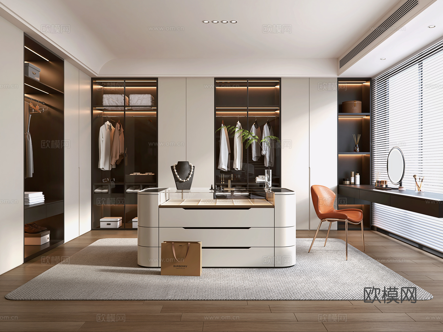 现代轻奢衣帽间 中岛台衣帽间 梳妆台 化妆品 服饰包包 收纳su模型