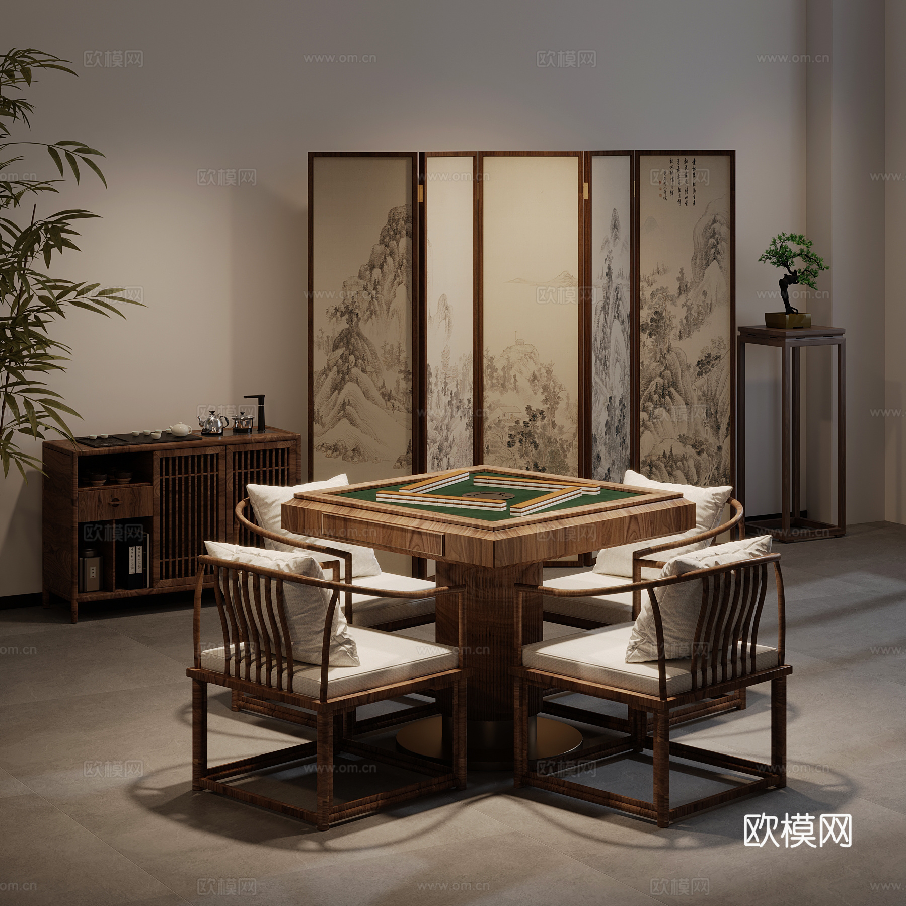 新中式棋牌室 麻将桌 屏风茶水柜3d模型