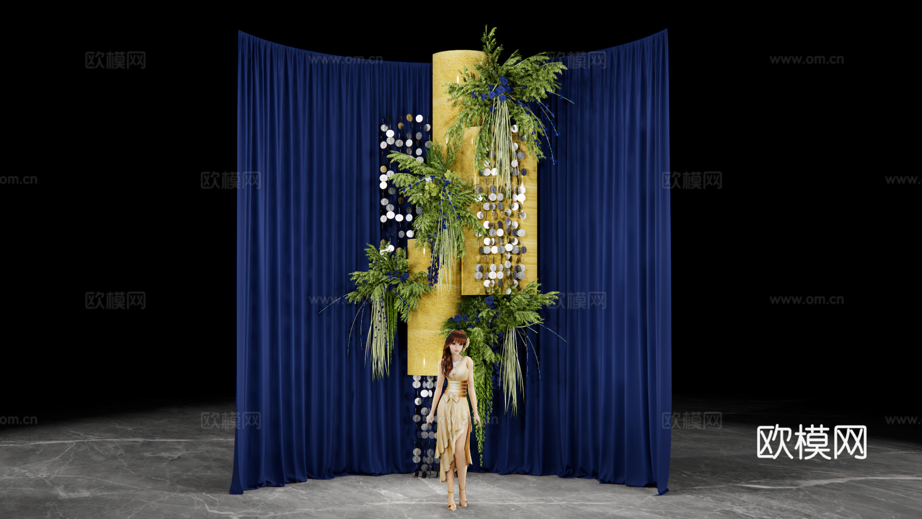 小众蓝色布幔婚礼花艺su模型下载（渲染图1）