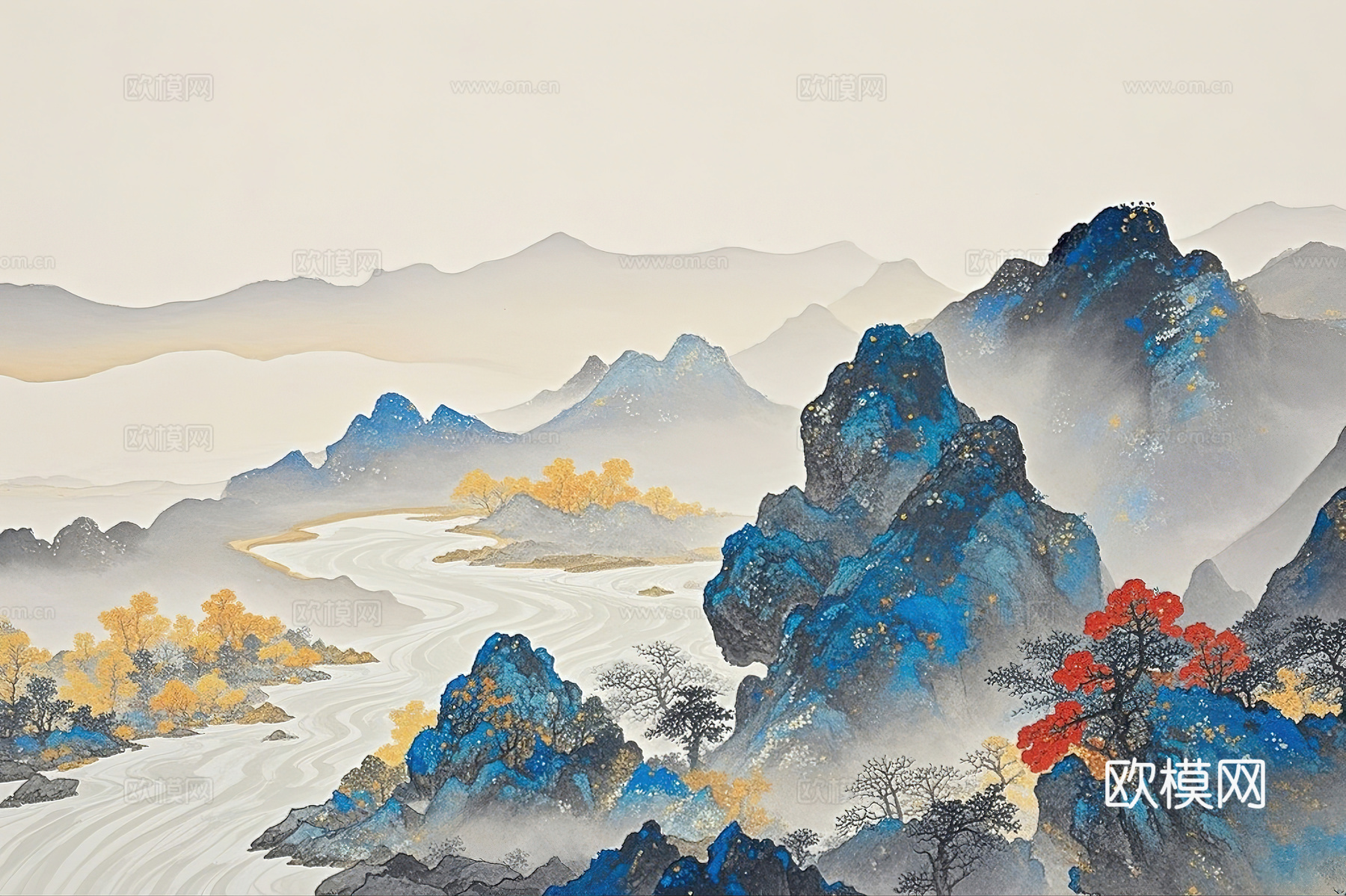 新中式中式清冷感古风山水壁画