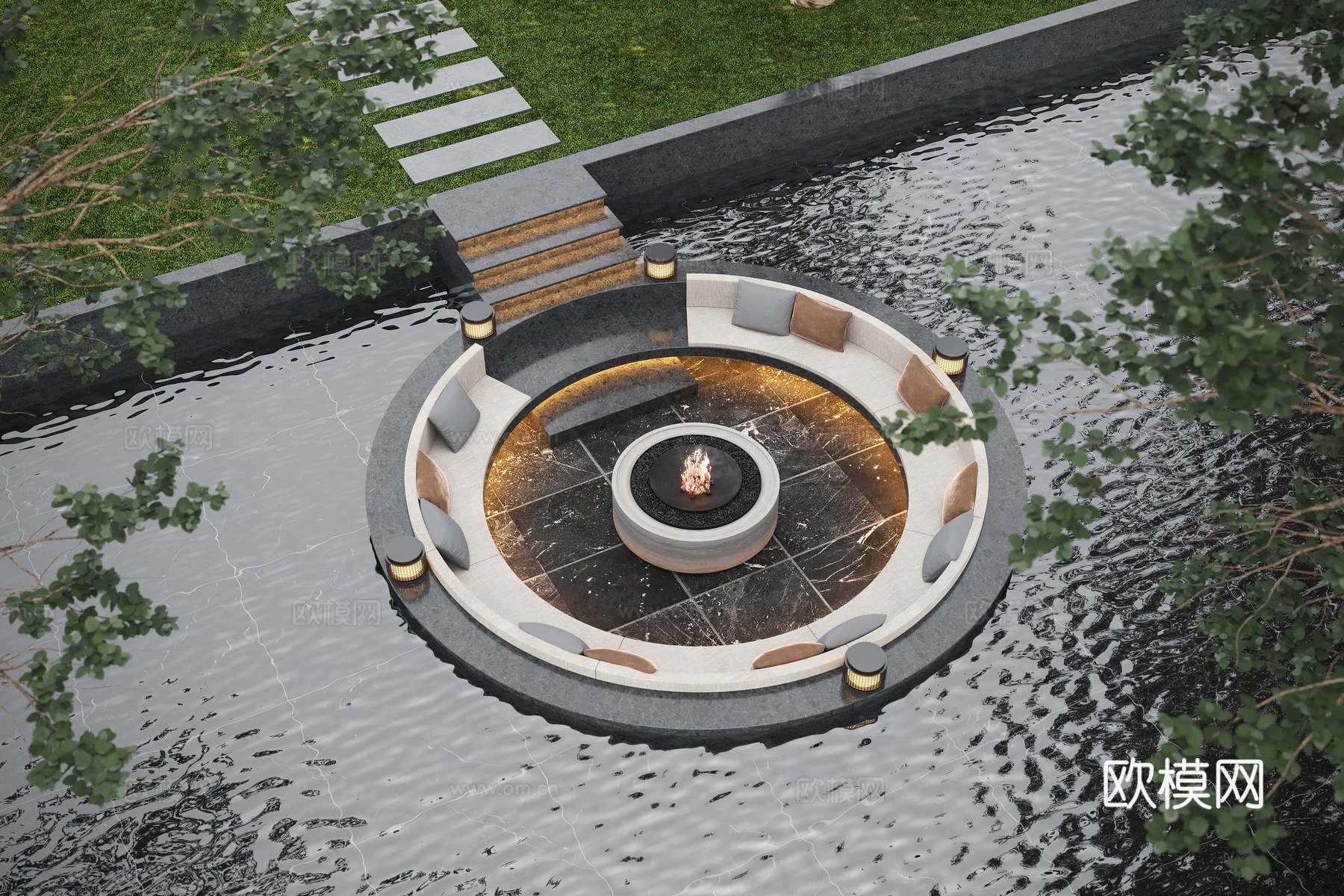 现代庭院卡座 庭院水景 庭院灯3d模型