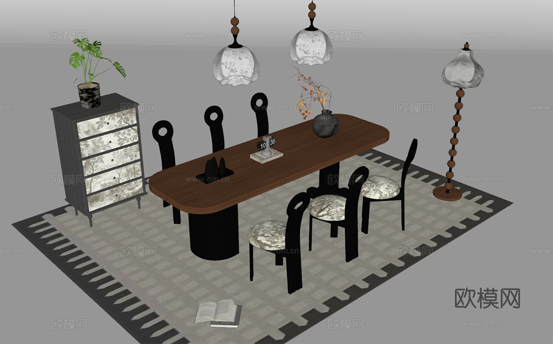 法式复古餐桌椅组合 长桌 餐厅吊灯 餐边柜斗柜 落地灯 木质su模型下载（渲染图2）