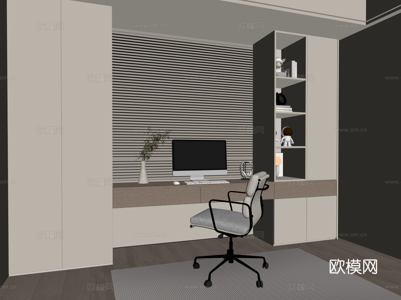 现代书桌 一体柜 飘窗柜su模型下载（渲染图2）