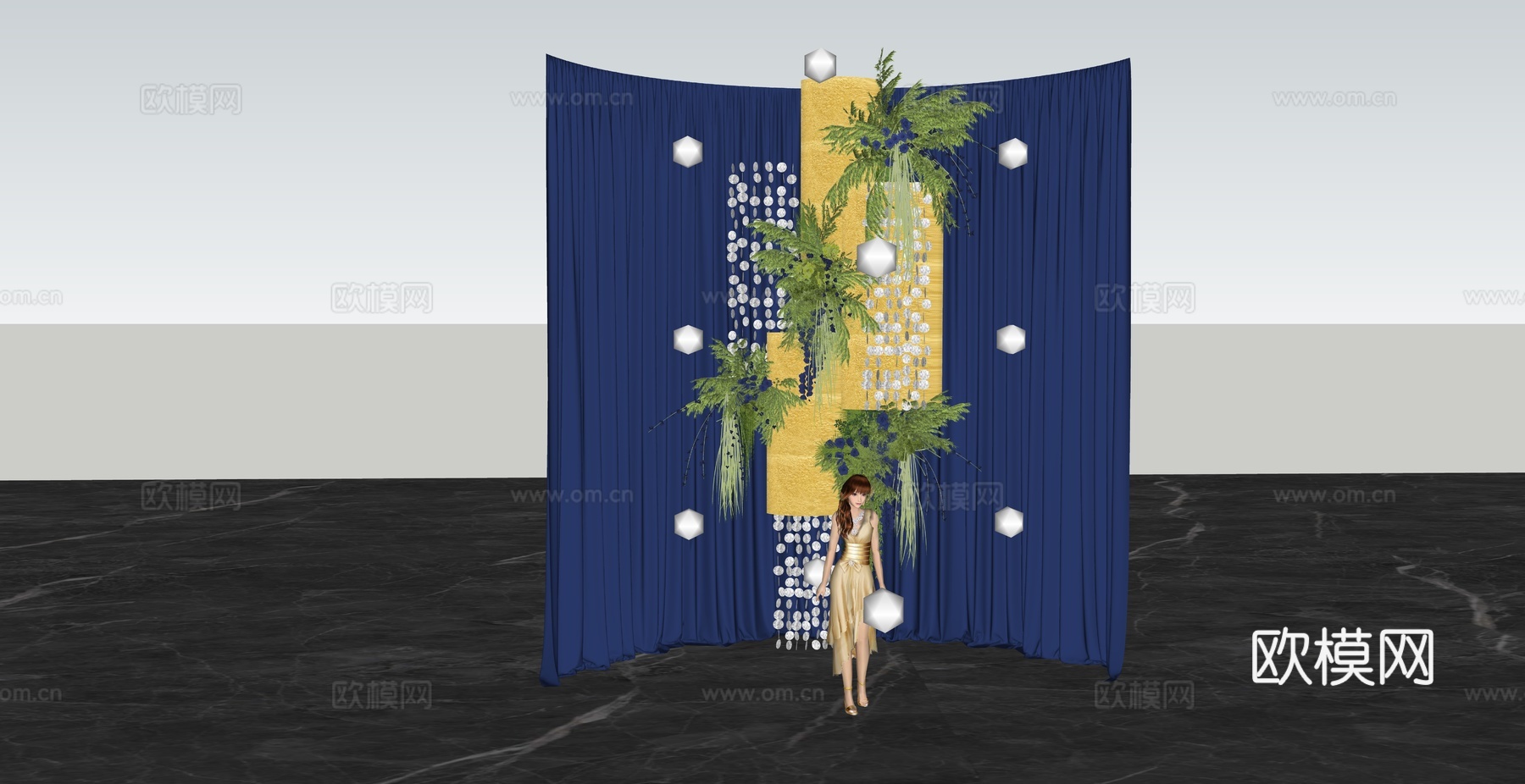 小众蓝色布幔婚礼花艺su模型下载（渲染图5）