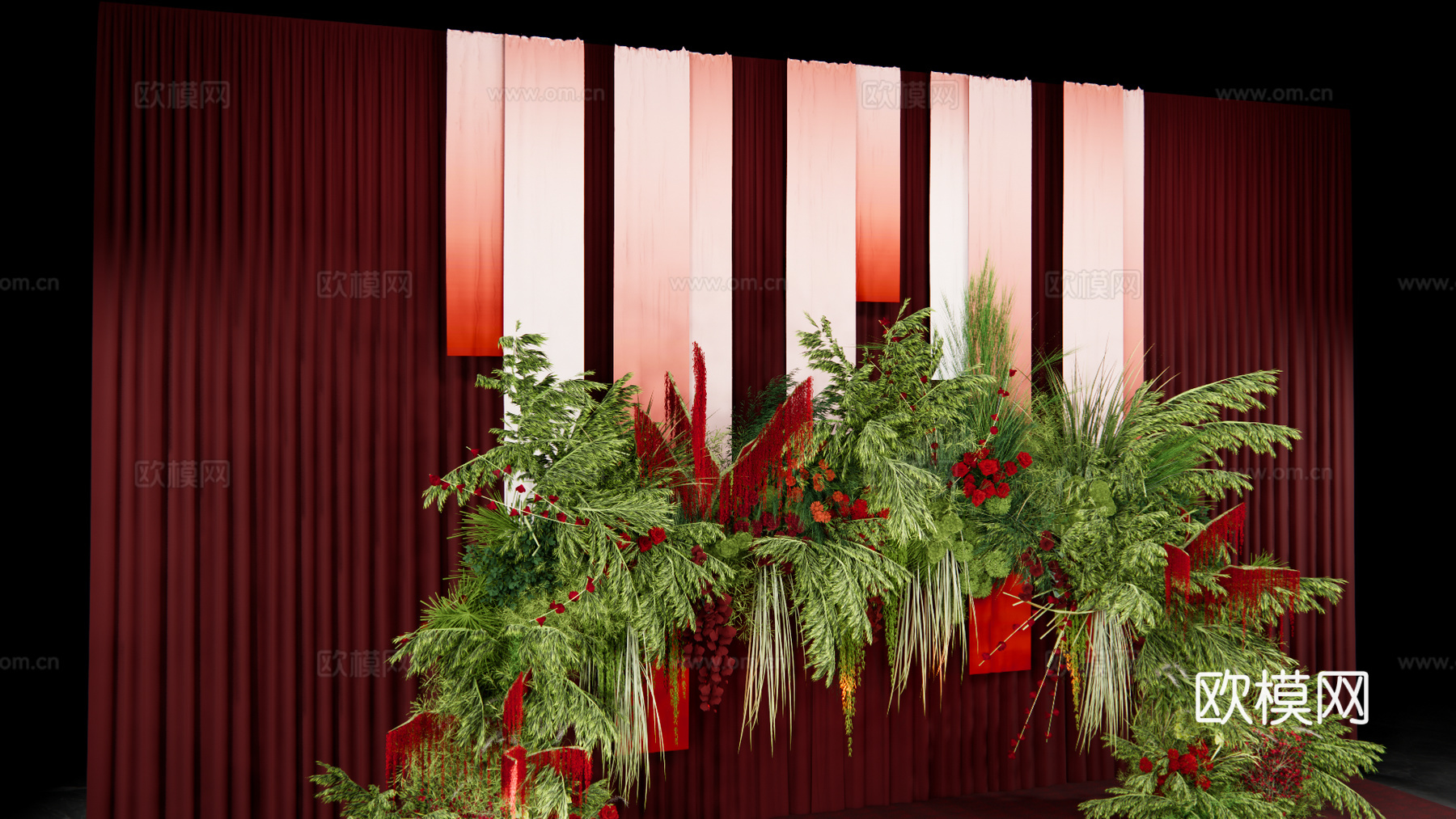 小众高级红色自然系婚礼花艺su模型下载（渲染图3）