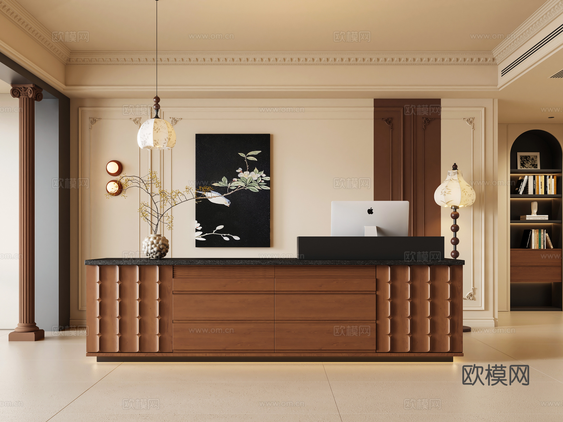 法式中古风酒店前台 收银台 吊灯 落地灯 酒店大厅su模型