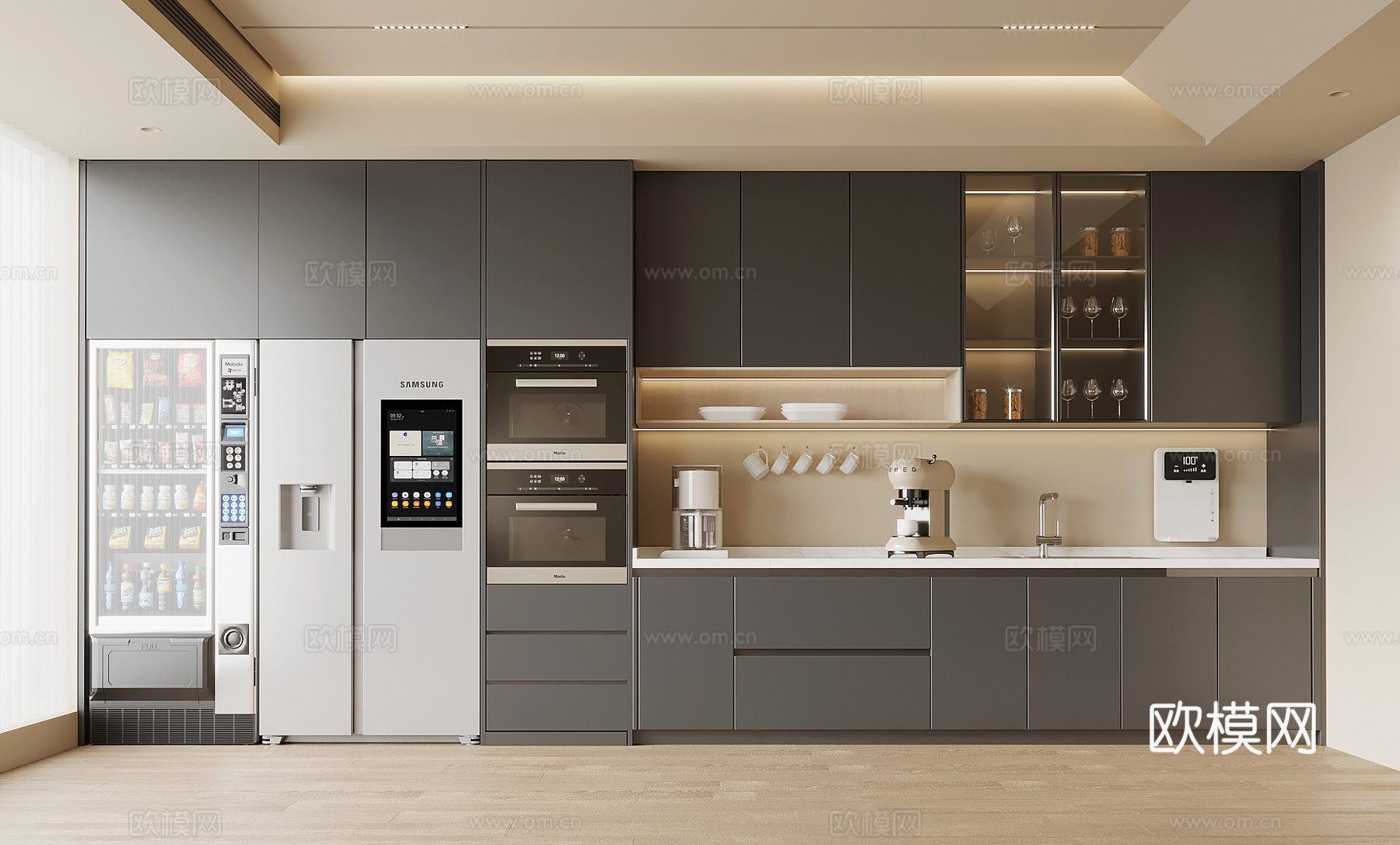 现代茶水间 咖啡机直饮机 冰箱3d模型下载