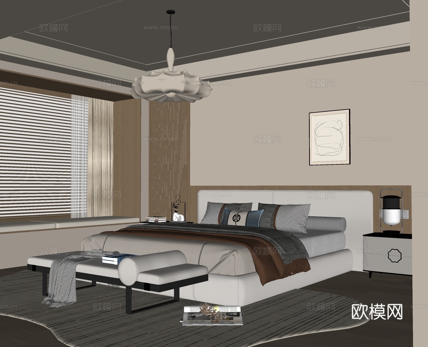 新中式双人床 卧室 床头柜su模型