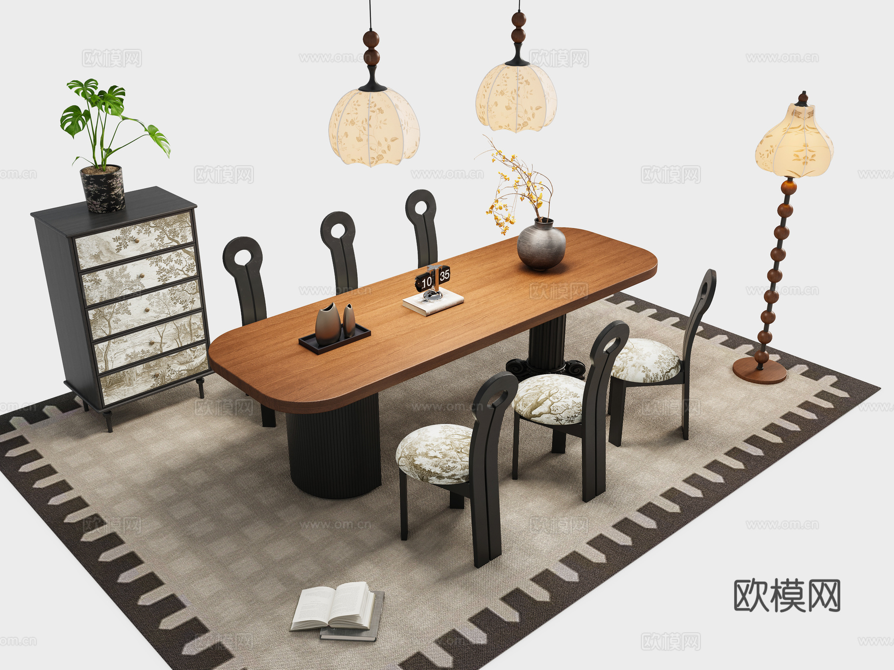 法式复古餐桌椅组合 长桌 餐厅吊灯 餐边柜斗柜 落地灯 木质su模型下载（渲染图1）