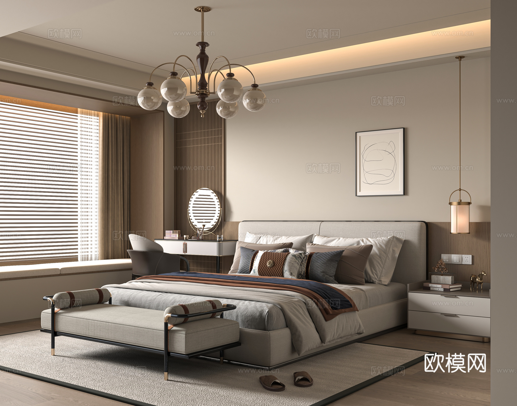 新中式双人床3d模型下载