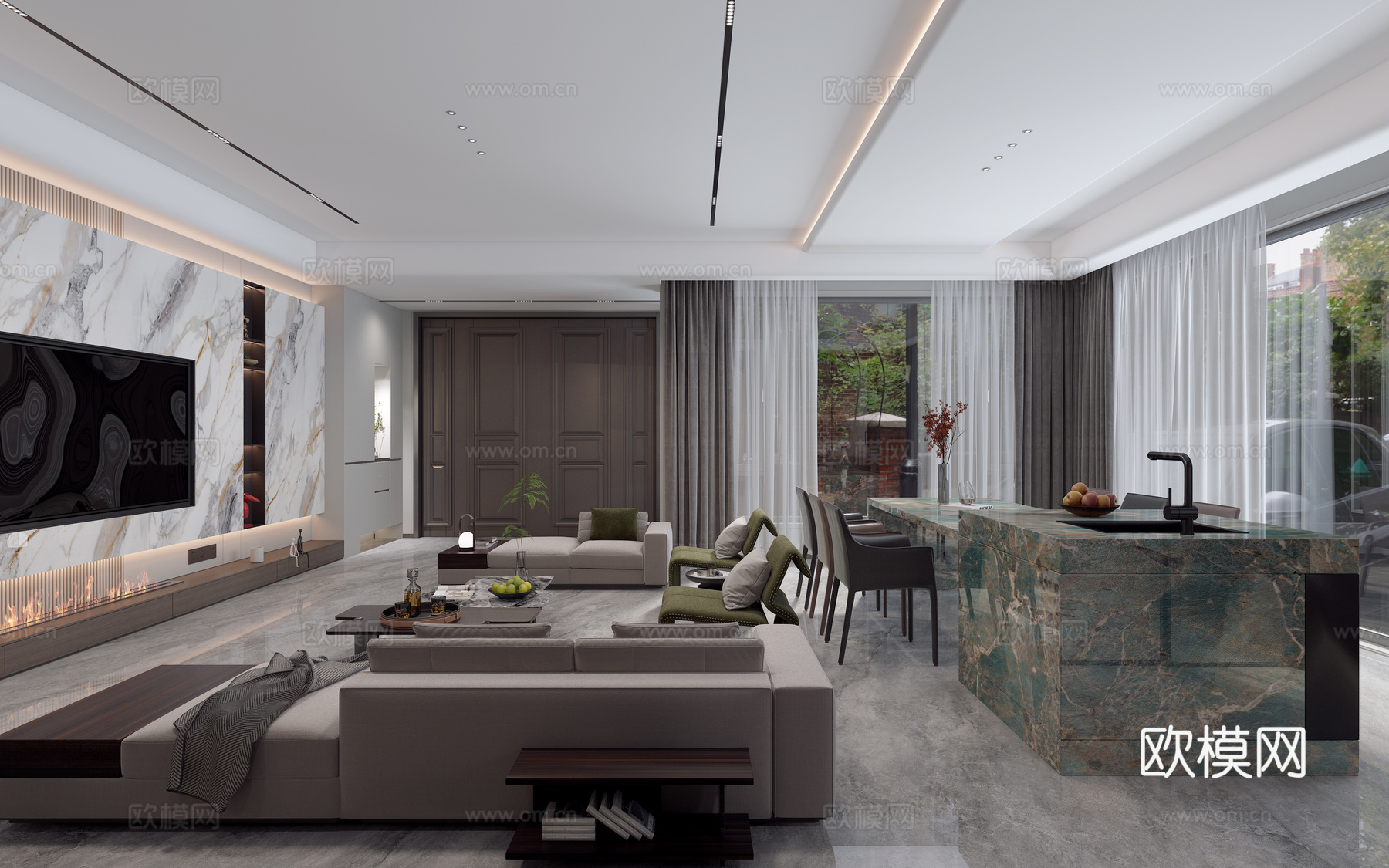 现代意式别墅客餐厅3d模型