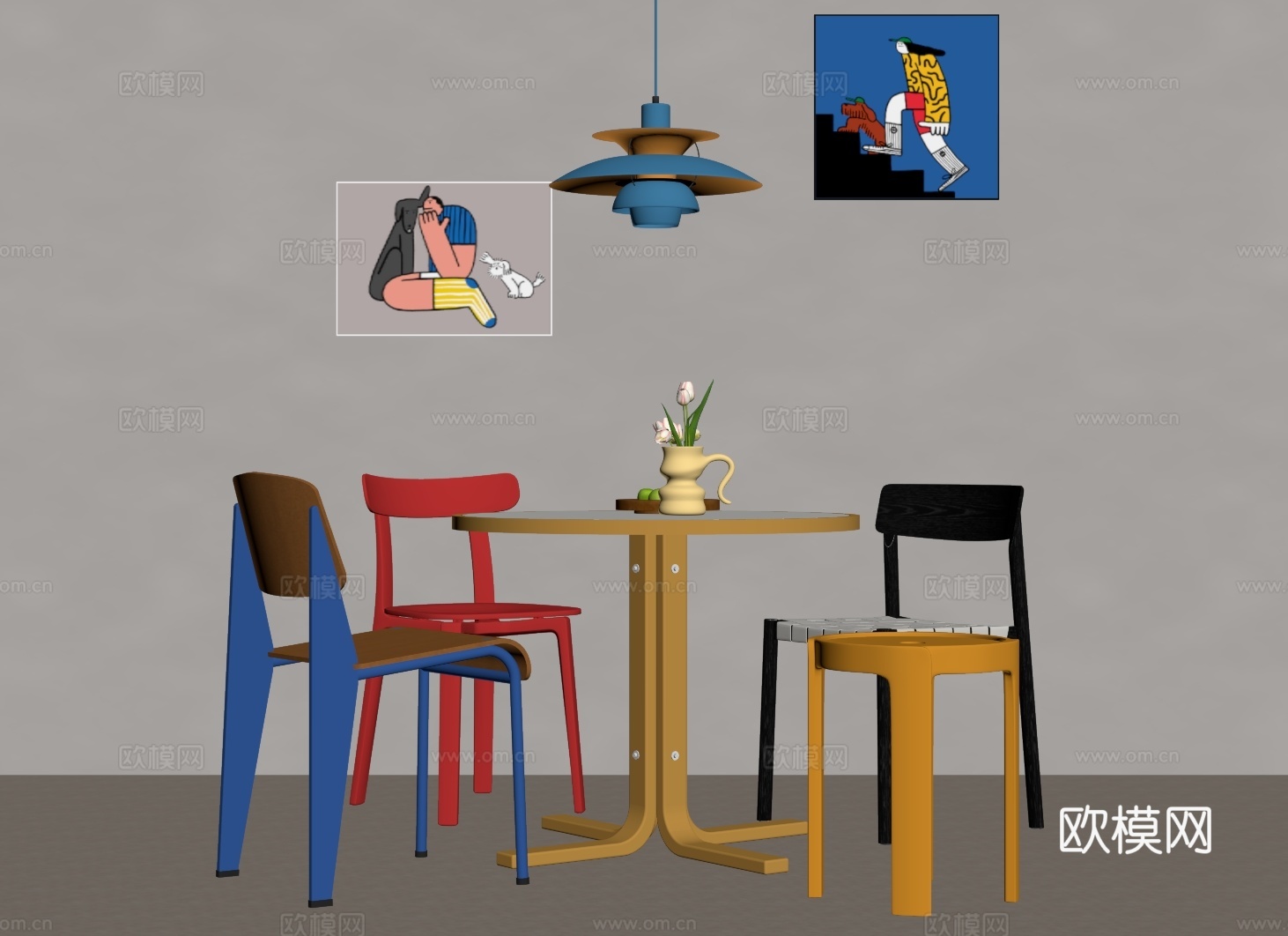现代桌椅 桌子椅子 多巴胺休闲桌椅su模型