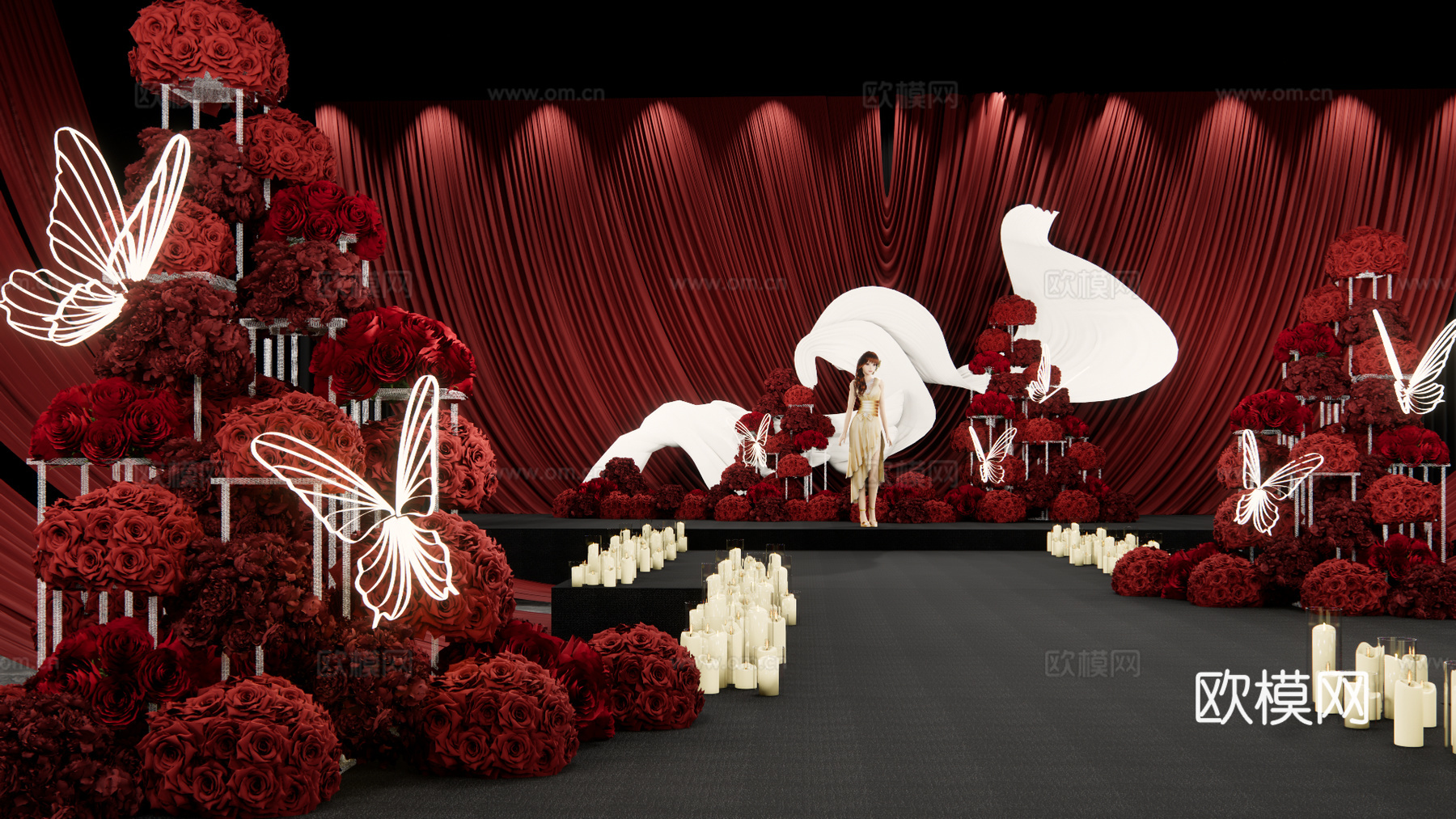 简约大气红色布幔秀场风婚礼设计su模型下载（渲染图2）