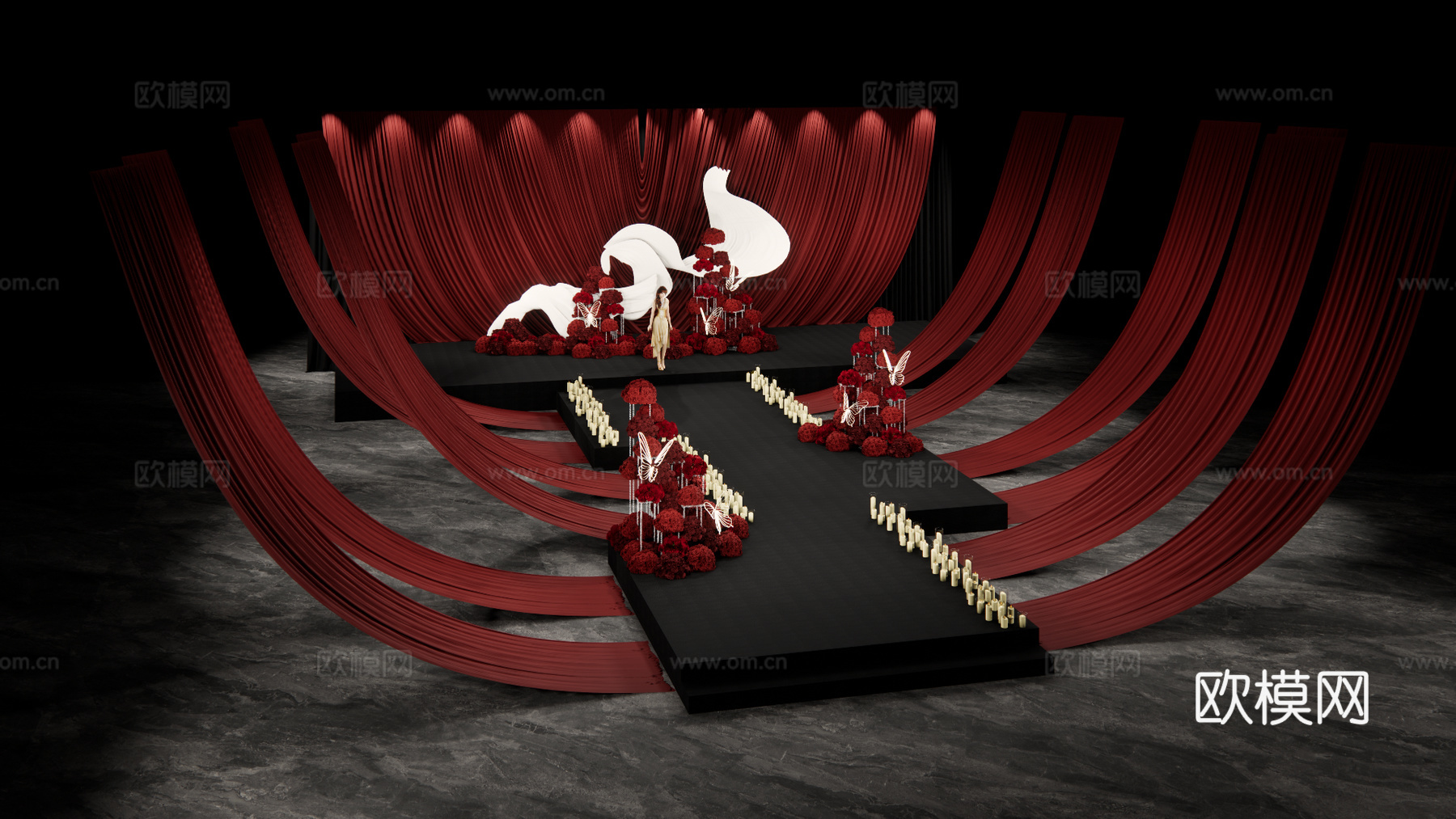 简约大气红色布幔秀场风婚礼设计su模型下载（渲染图3）