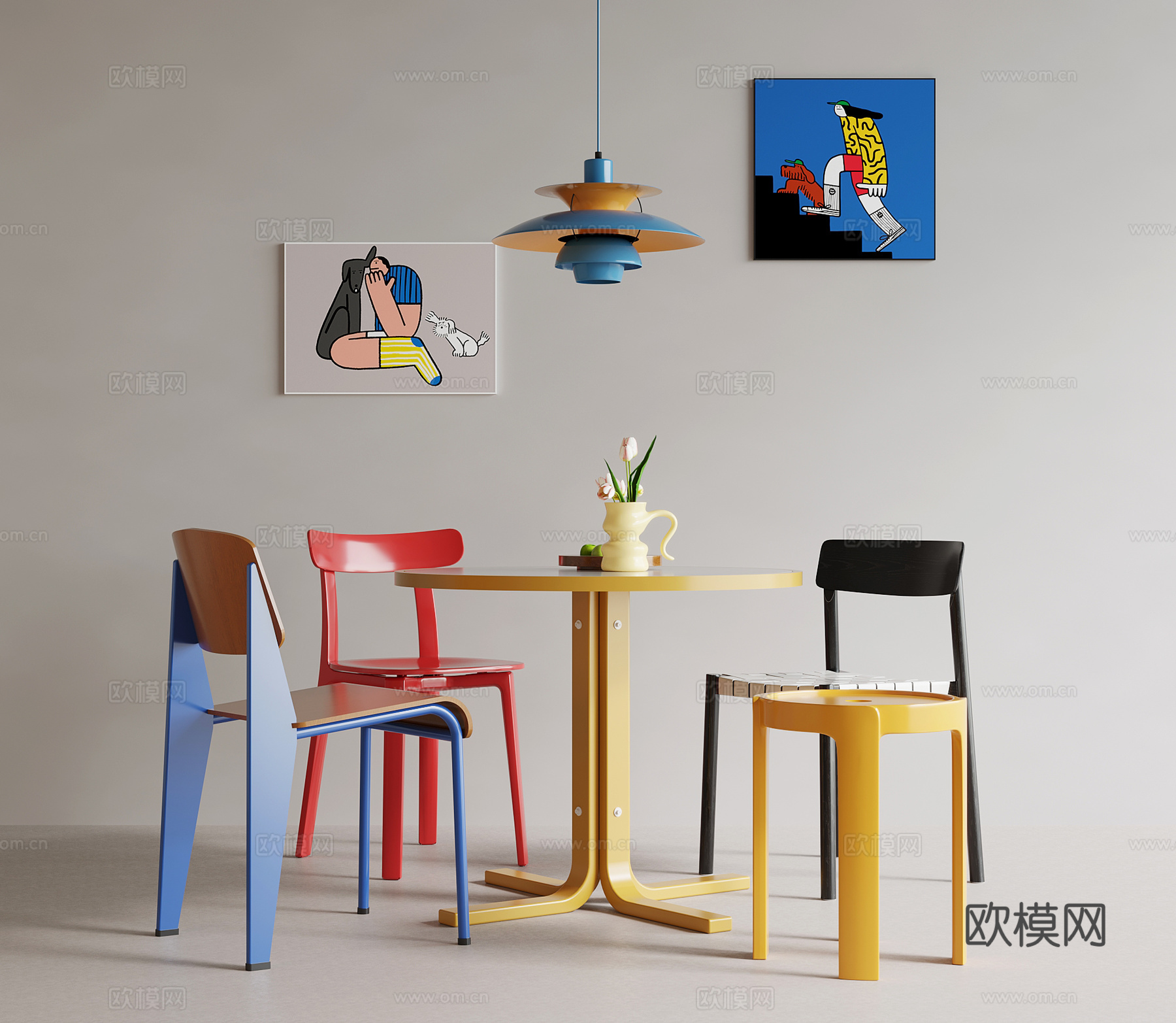 现代桌椅 桌子椅子 多巴胺休闲桌椅su模型