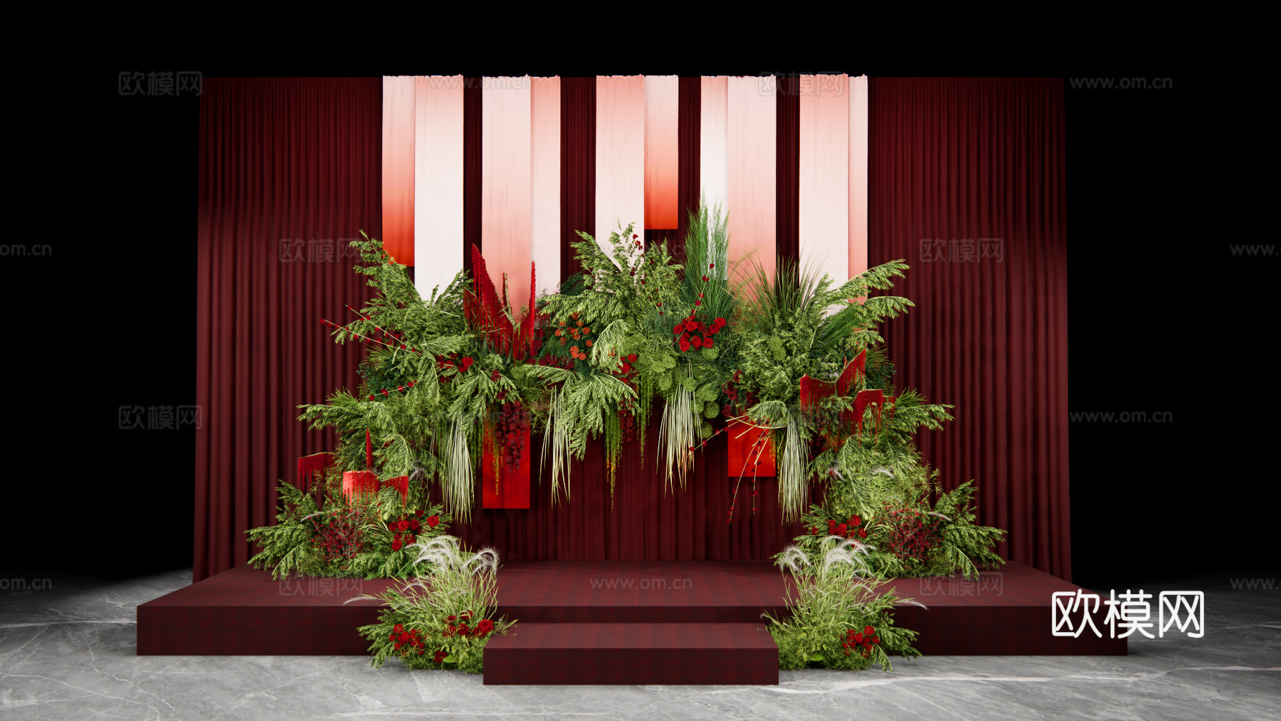 小众高级红色自然系婚礼花艺su模型下载（渲染图1）