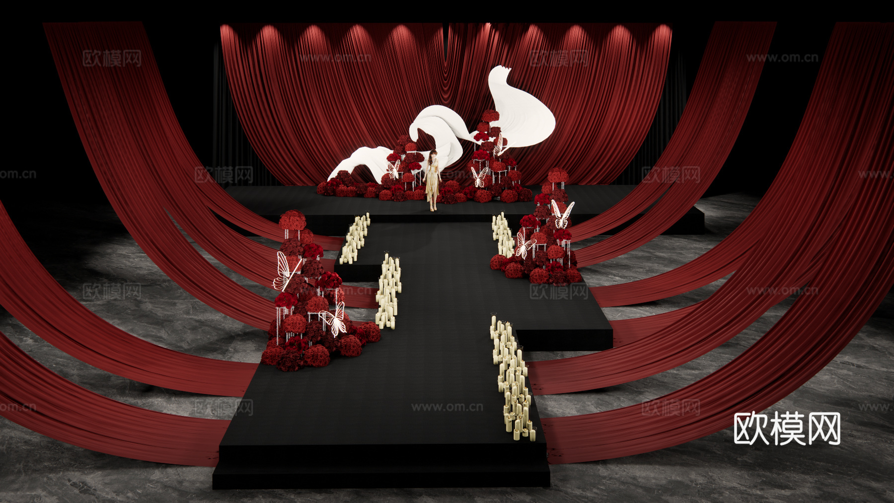 简约大气红色布幔秀场风婚礼设计su模型下载（渲染图1）
