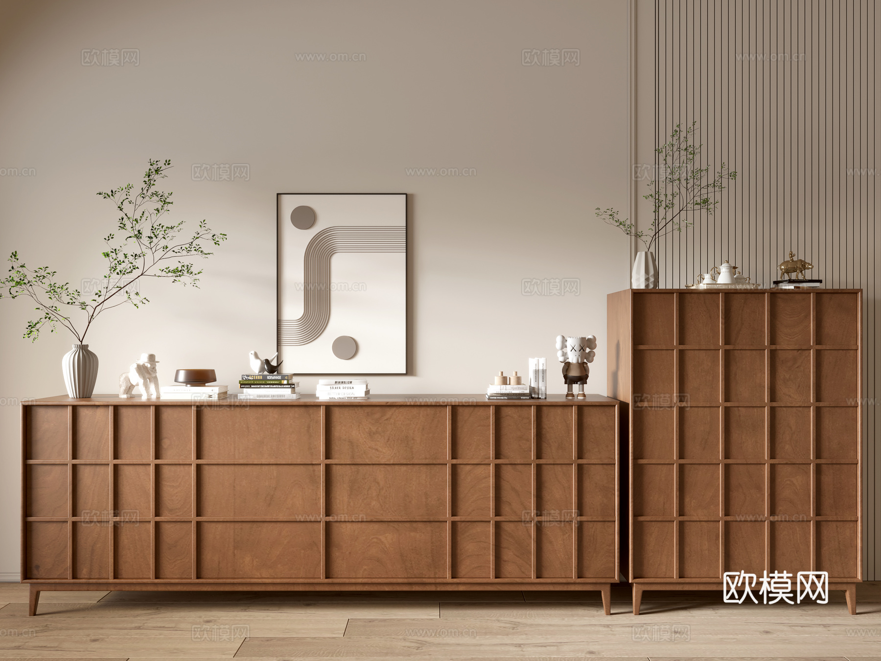 现代木纹柜 极简风柜子  整体柜 餐边柜 阳台柜 储物柜 入3d模型下载