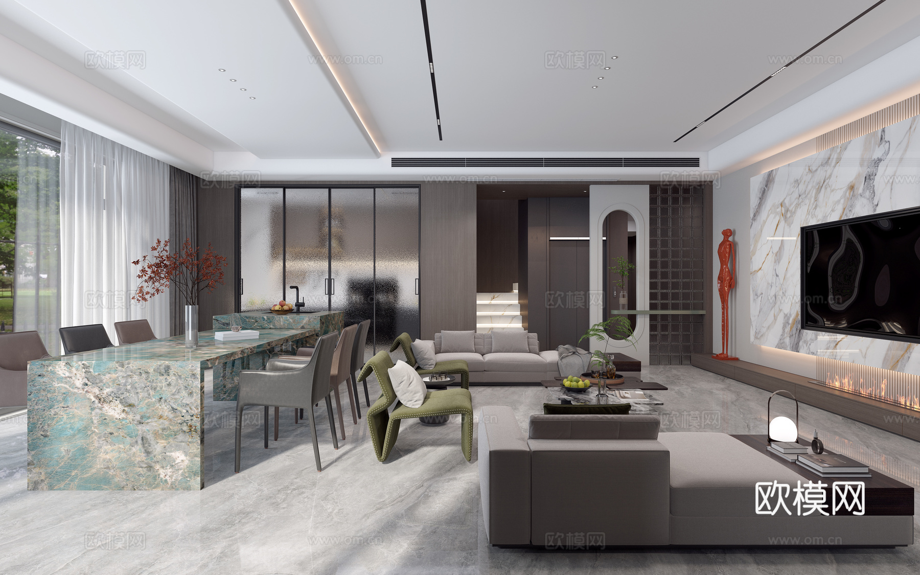 现代意式别墅客餐厅3d模型