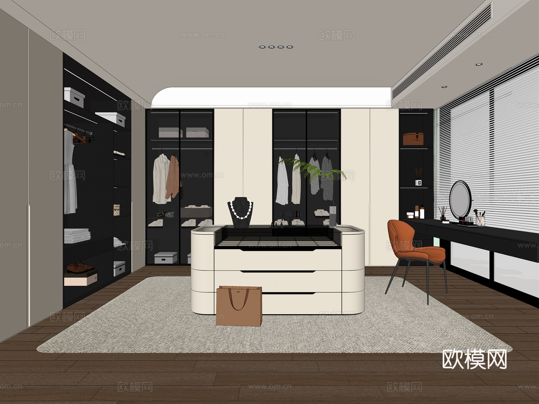 现代轻奢衣帽间 中岛台衣帽间 梳妆台 化妆品 服饰包包 收纳su模型