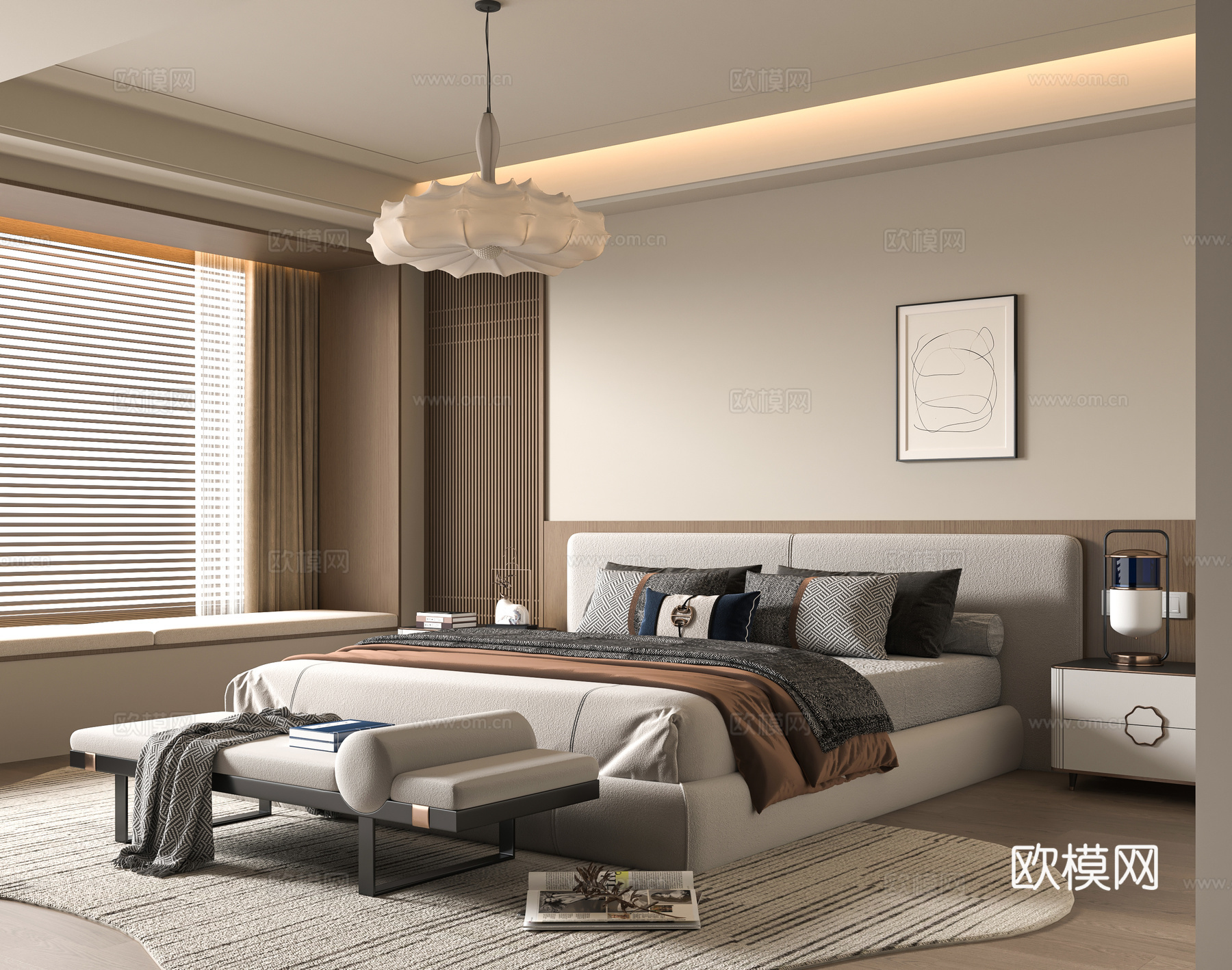 新中式双人床 卧室 床头柜su模型