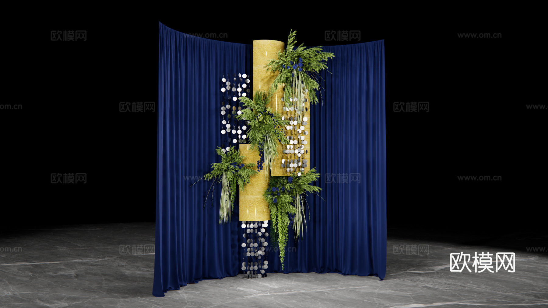 小众蓝色布幔婚礼花艺su模型下载（渲染图2）