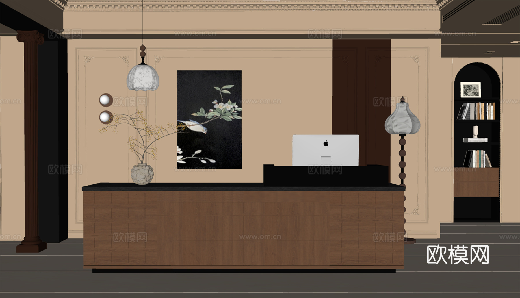 法式中古风酒店前台 收银台 吊灯 落地灯 酒店大厅su模型