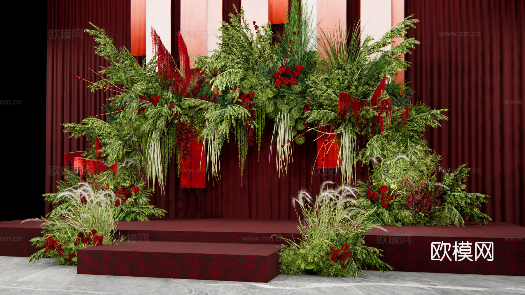 小众高级红色自然系婚礼花艺su模型下载（渲染图2）