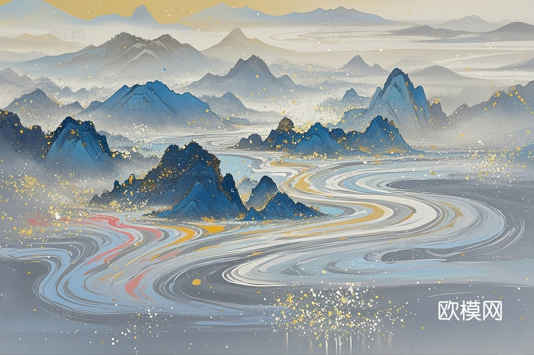 新中式中式清冷感古风山水壁画