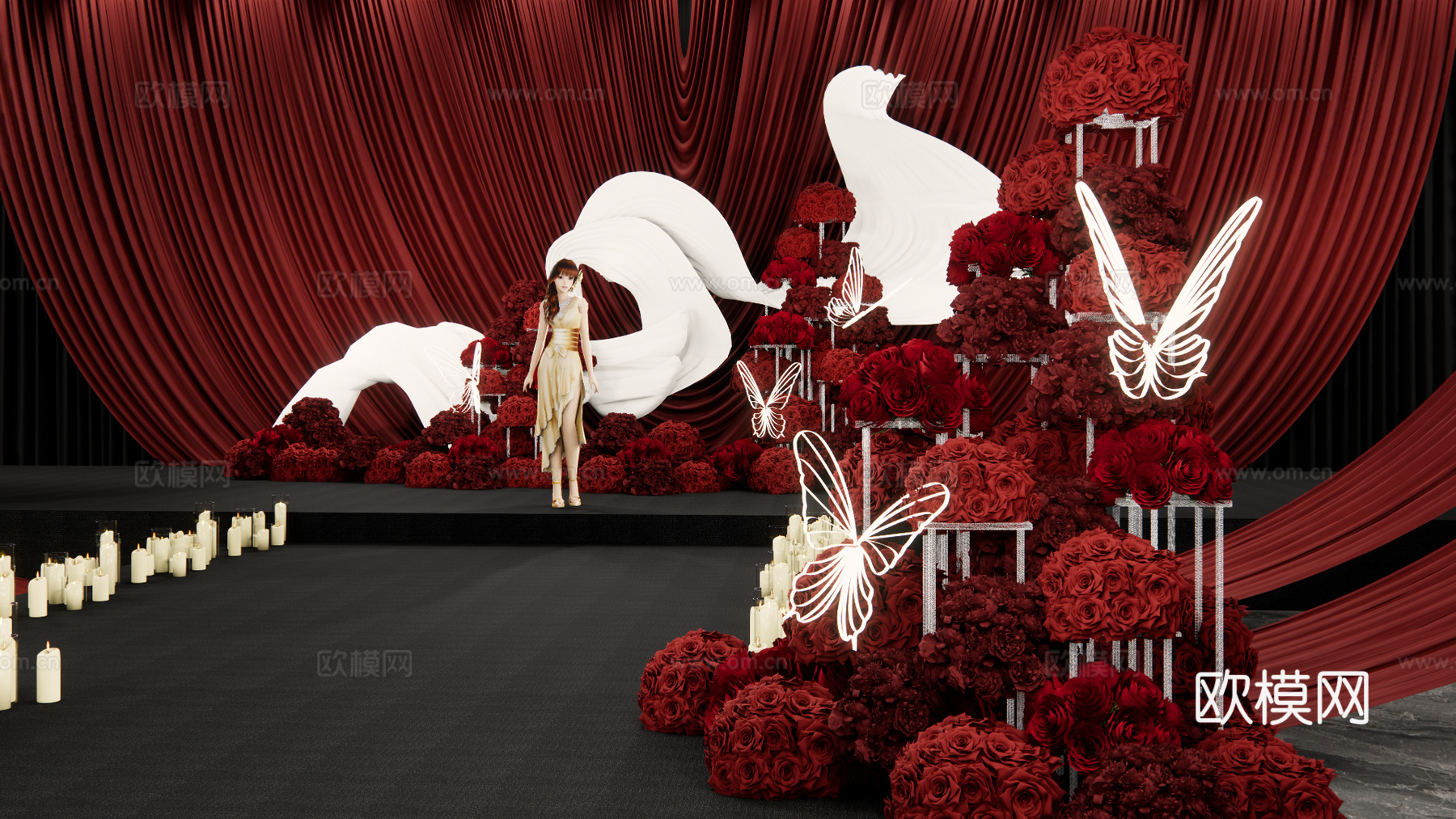 简约大气红色布幔秀场风婚礼设计su模型下载（渲染图4）