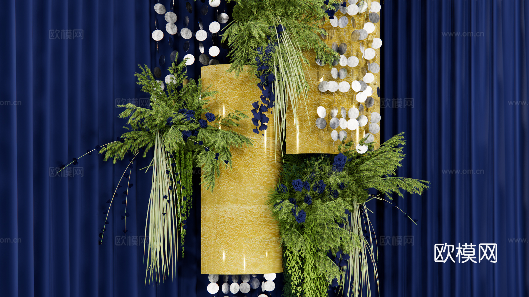 小众蓝色布幔婚礼花艺su模型下载（渲染图3）
