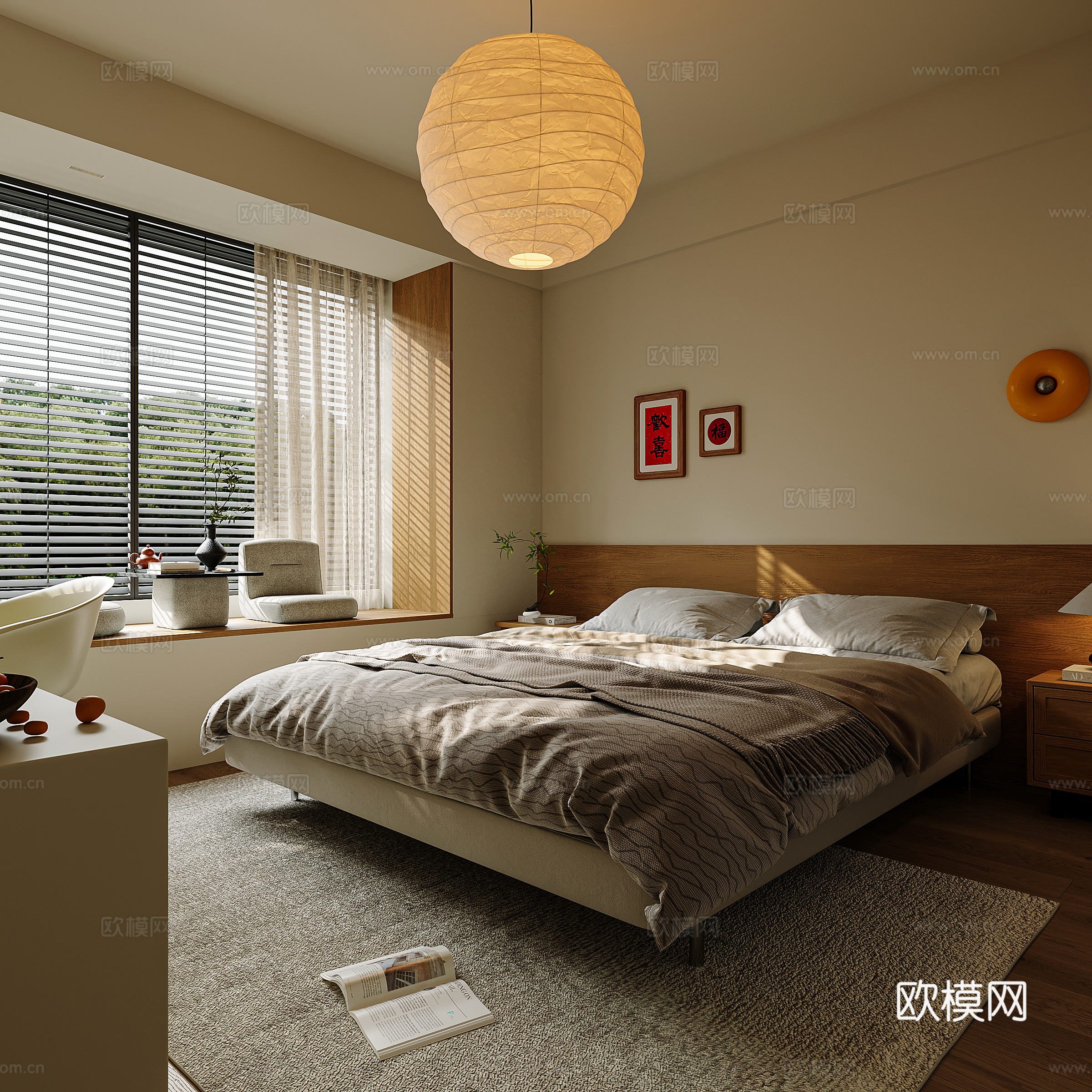 现代原木通用儿童房 飘窗儿童房 原木家具 书桌 梳妆台 斗柜su模型