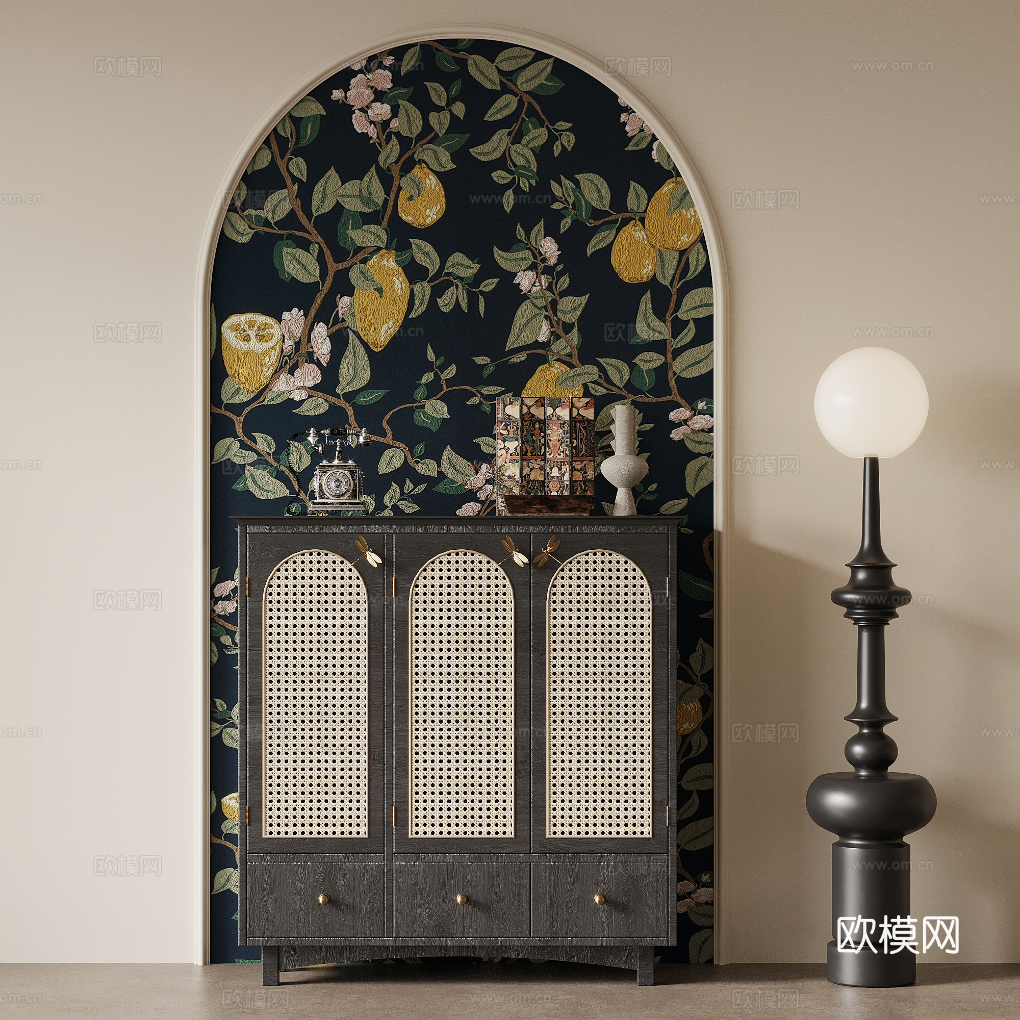 中古风边柜 玄关柜 落地灯su模型