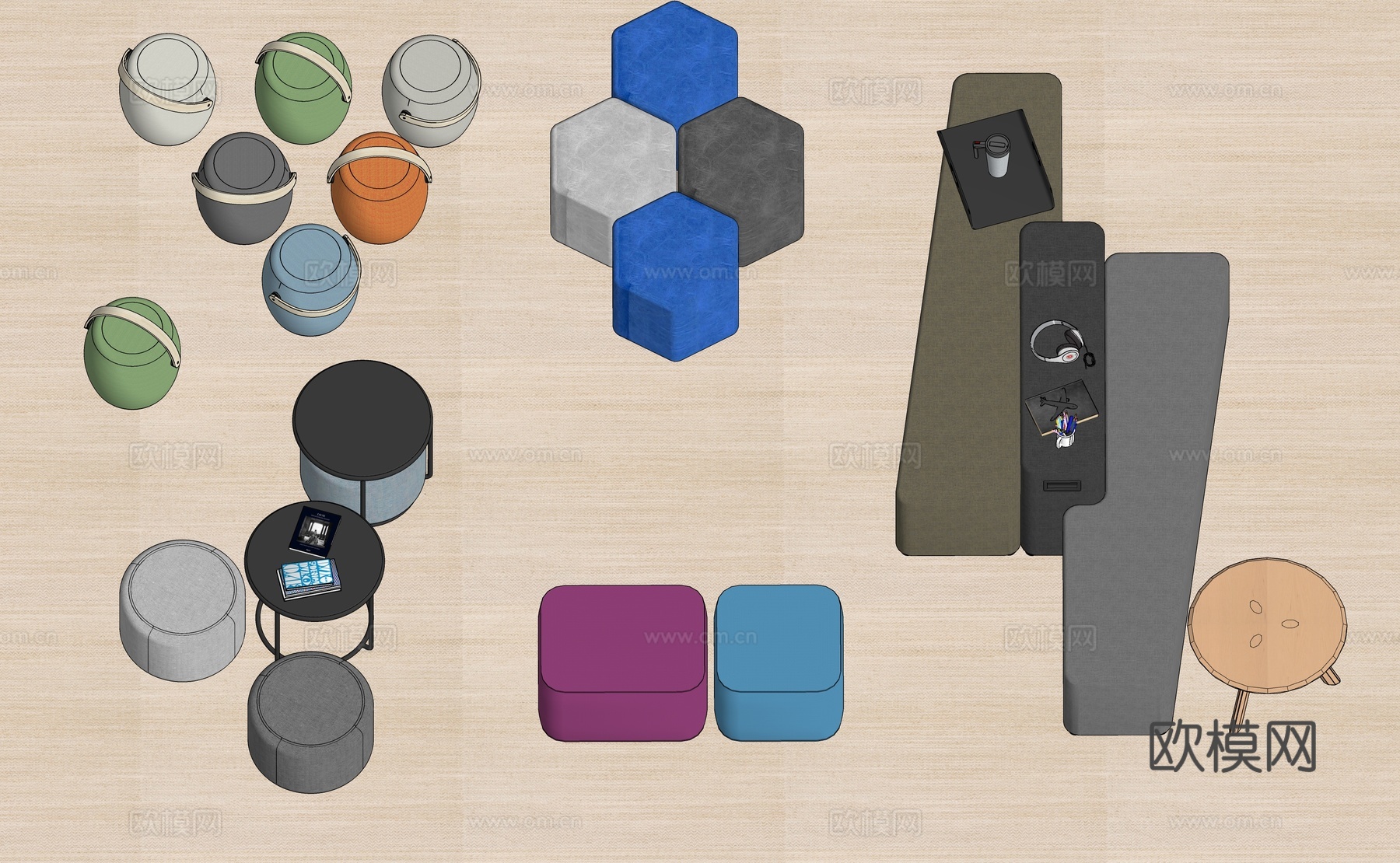 椅凳 沙发凳 组合沙发 模块沙发 布艺沙发 异形沙发su模型