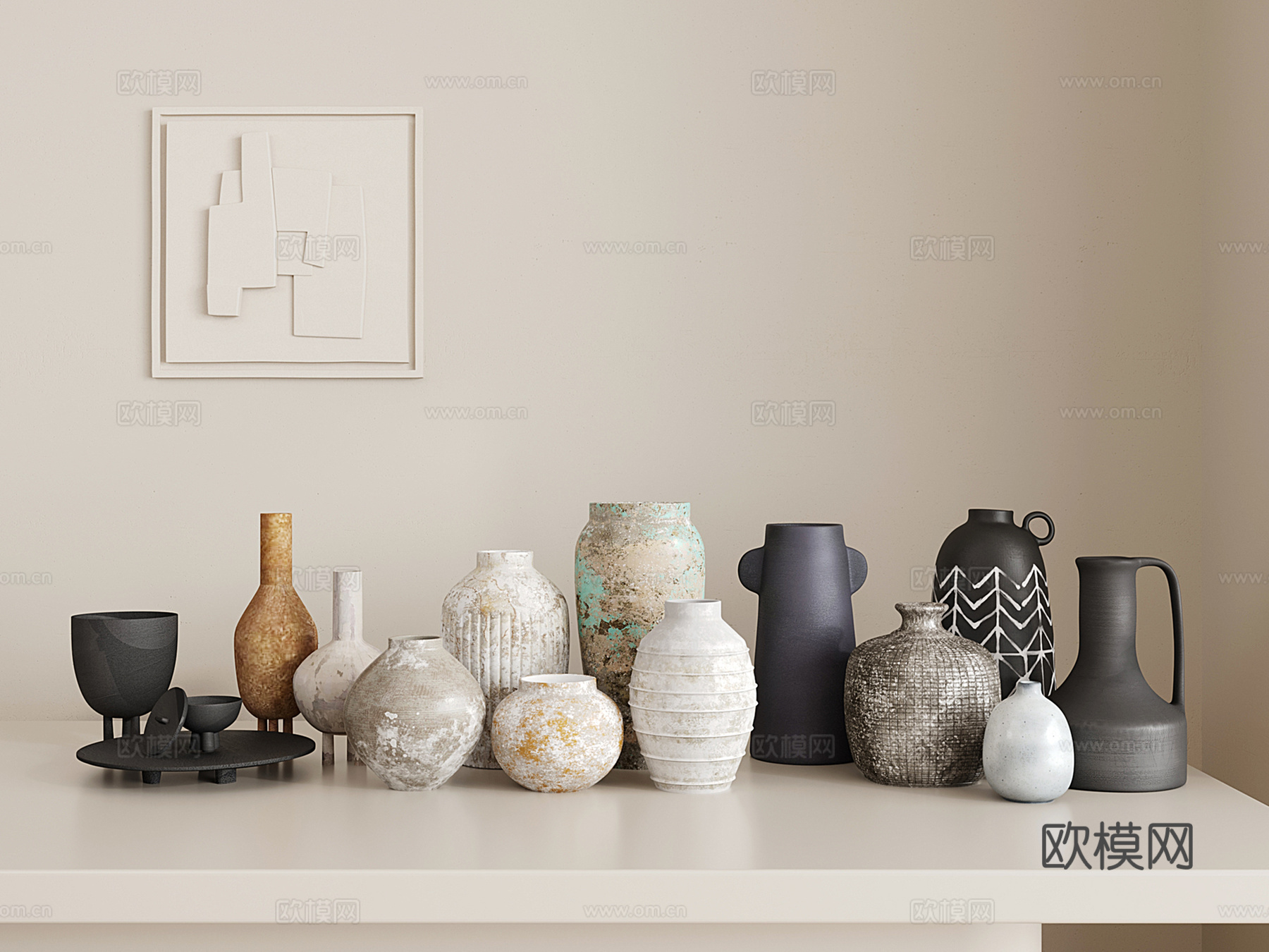 侘寂中古风陶罐 陶罐花瓶 饰品摆件 陶瓷器皿 罐子3d模型