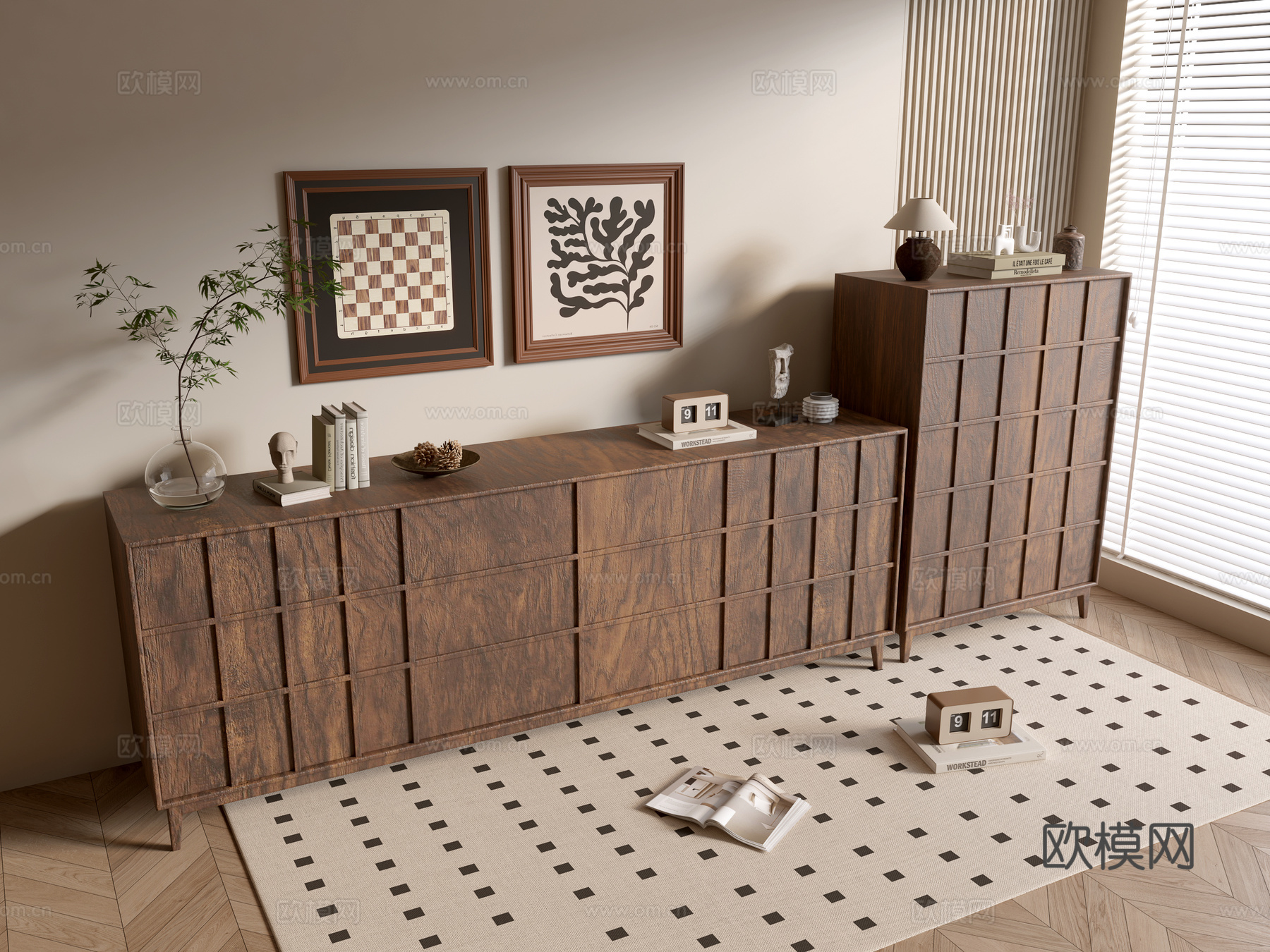 现代木纹柜 极简风柜子  整体柜 餐边柜 阳台柜 储物柜su模型下载（渲染图1）