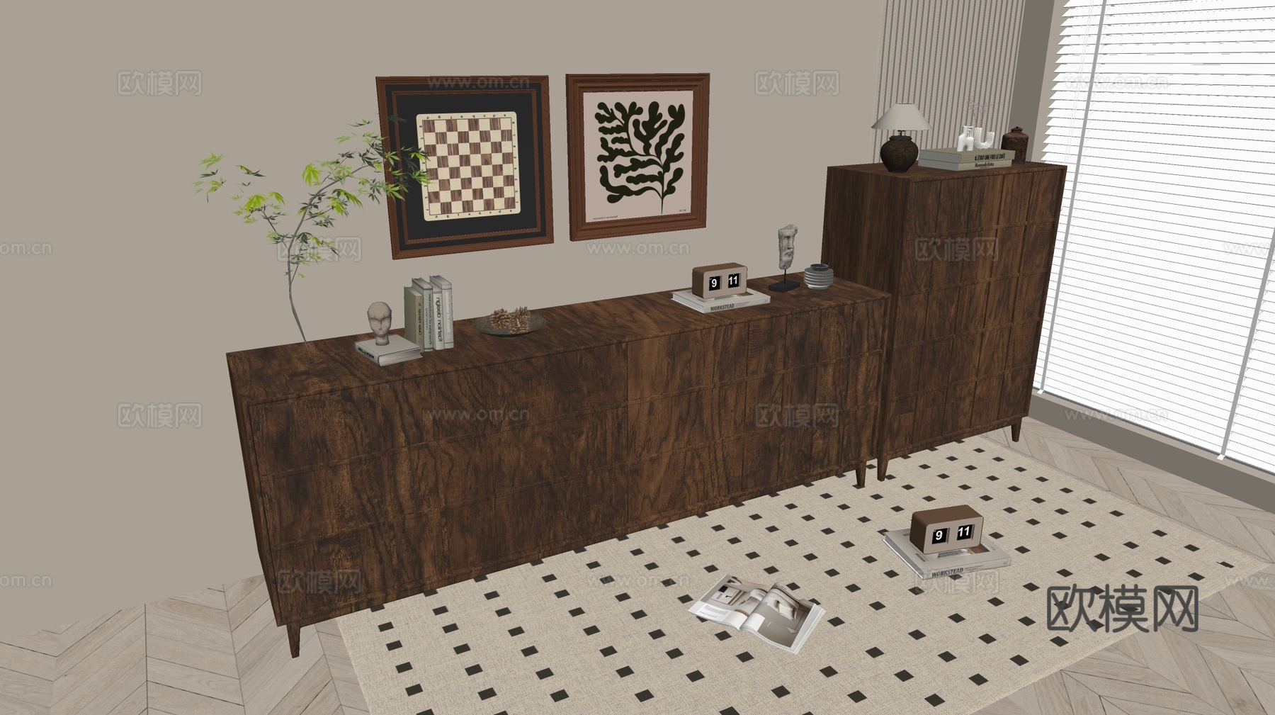 现代木纹柜 极简风柜子  整体柜 餐边柜 阳台柜 储物柜su模型下载（渲染图2）