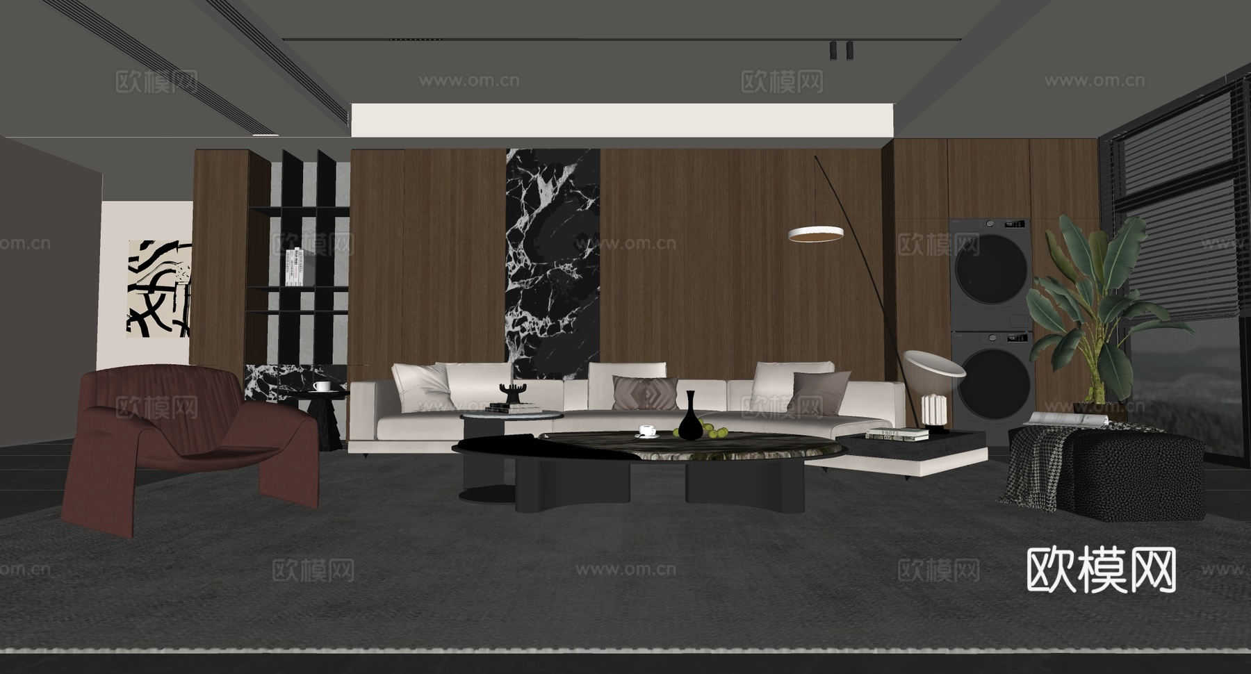 现代意式客厅 沙发茶几组合 休闲椅 落地灯 沙发背景墙su模型