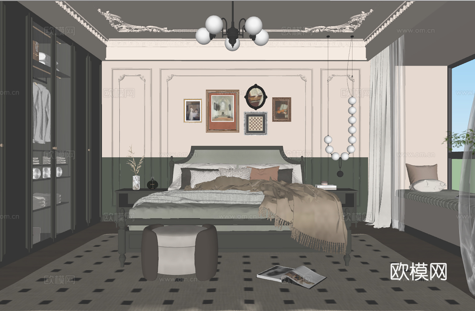 法式卧室 主卧 双人床 衣柜 床头柜 地毯 挂画 饰品摆件su模型