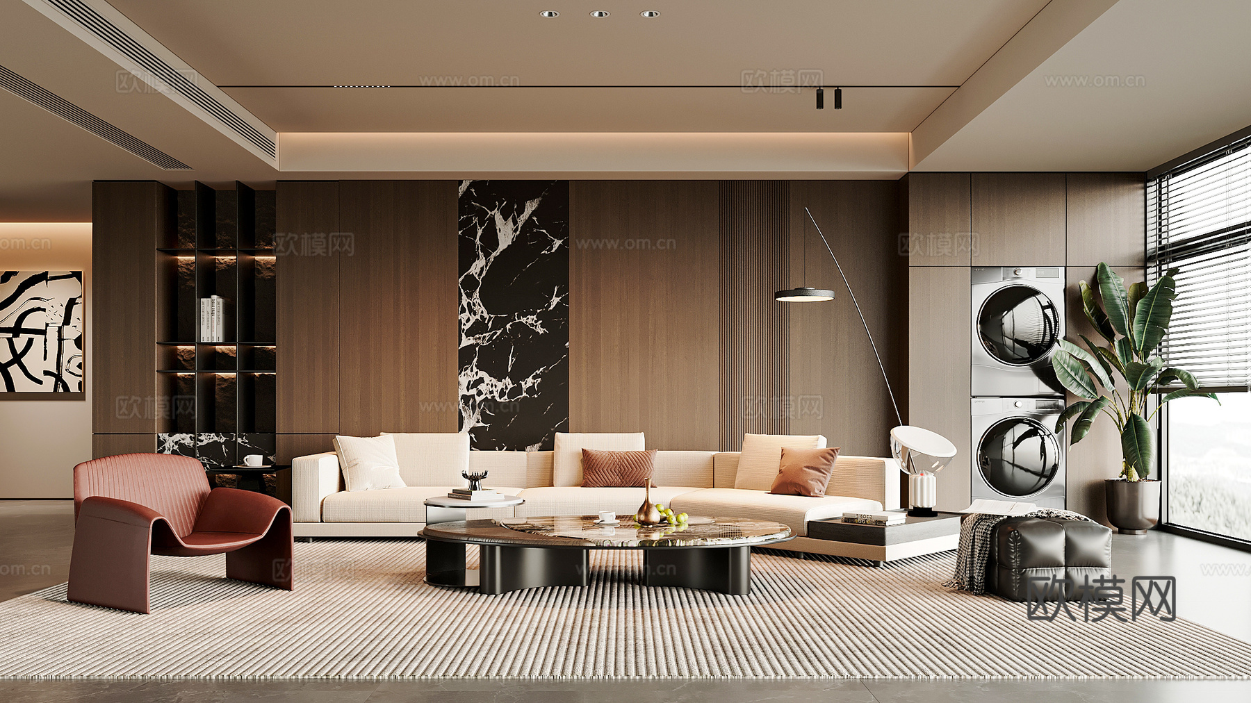 现代意式客厅 沙发茶几组合 休闲椅 落地灯 沙发背景墙su模型