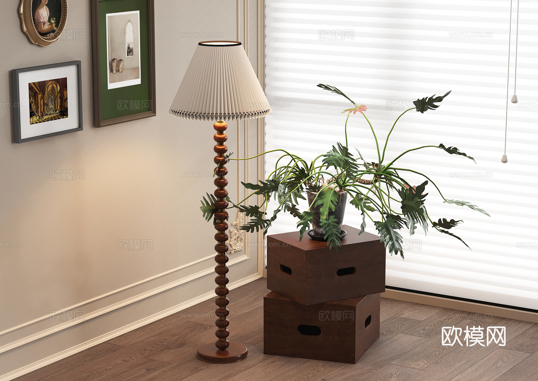 法式落地灯 置物架 绿植装饰柜 装饰画免费su模型下载（渲染图1）
