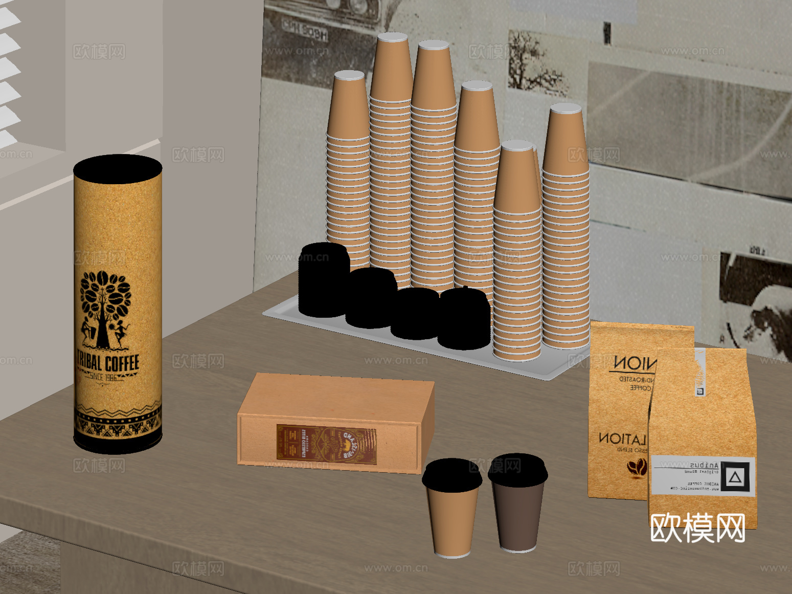 酒水食物 现代咖啡杯 咖啡豆 一次性杯子su模型