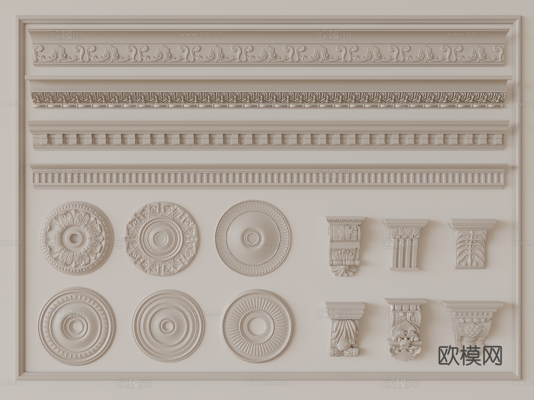 简欧雕花 石膏线 石膏构件su模型下载（渲染图1）
