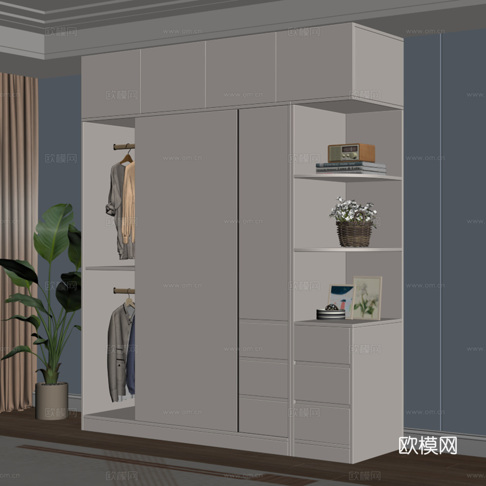 现代推拉门衣柜 衣服 摆件组合 绿植 地毯su模型