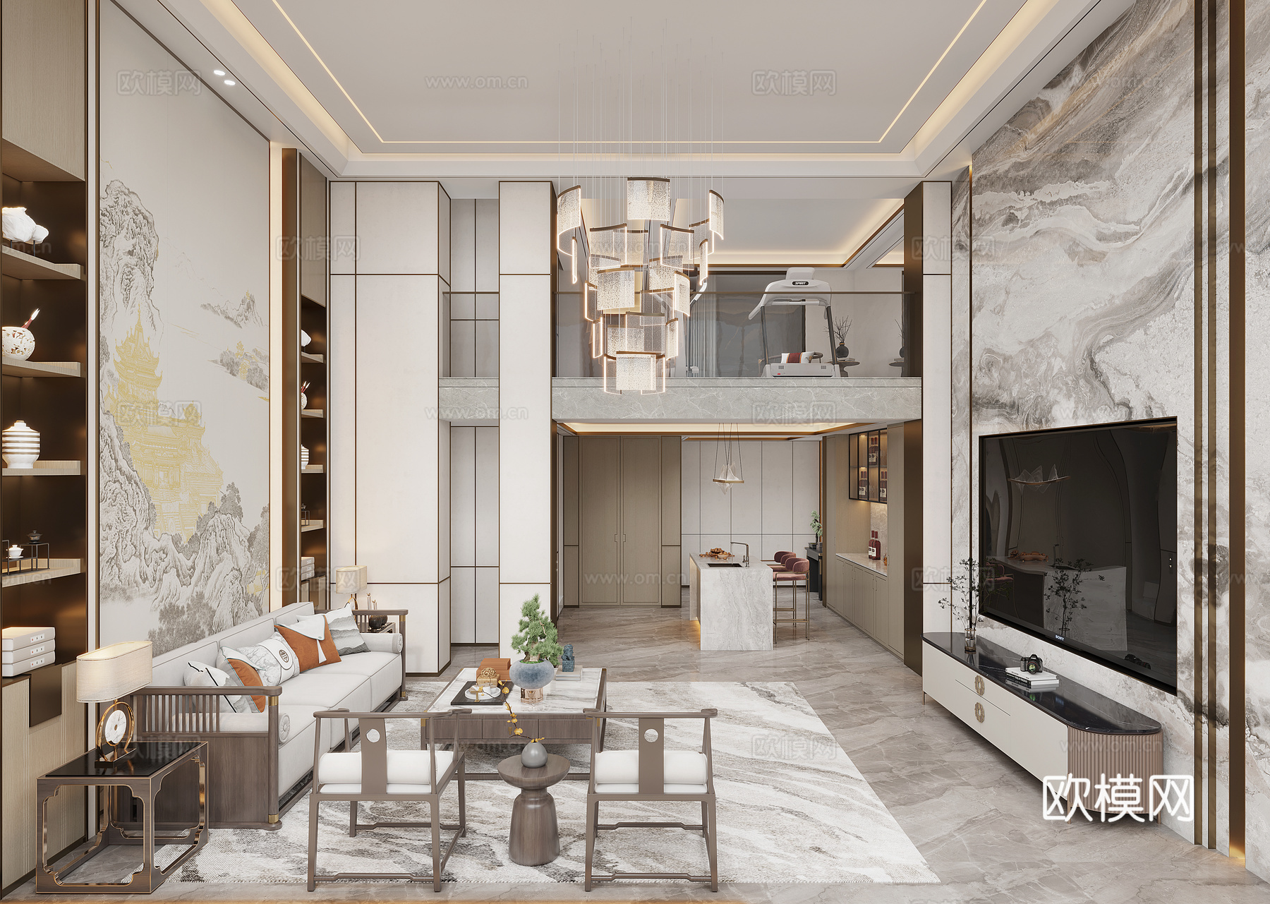 新中式别墅客厅3d模型