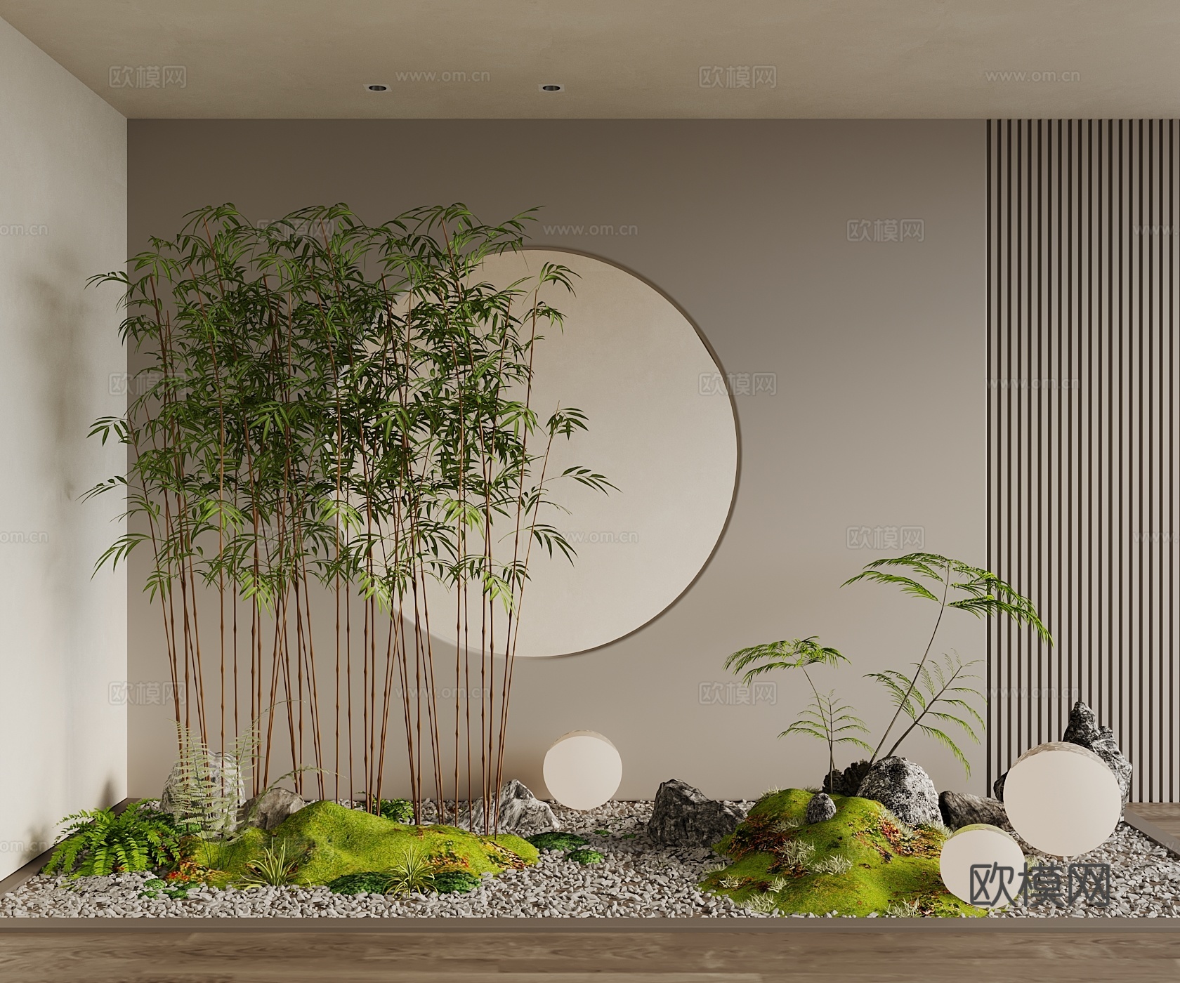 现代景观造景 庭院小品 小品 树 蕨类植物 背景墙植物3d模型